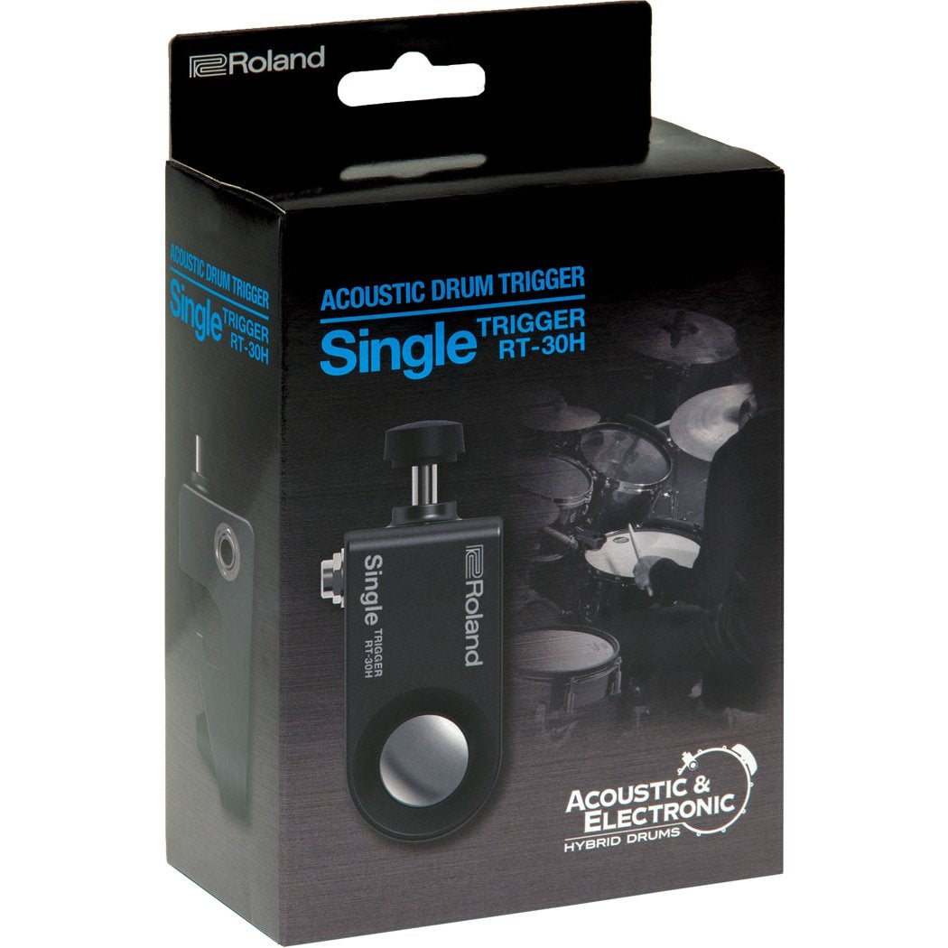 Roland Single RT-30H akoestische drum trigger doos met afbeelding van drumstel.