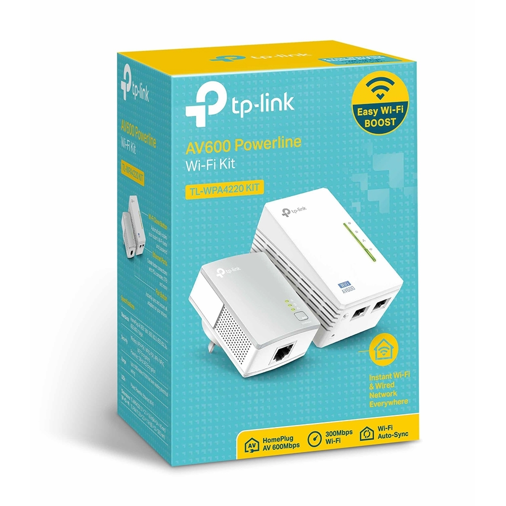Scatola di un kit Wi-Fi Powerline TP-Link AV600, con due adattatori.