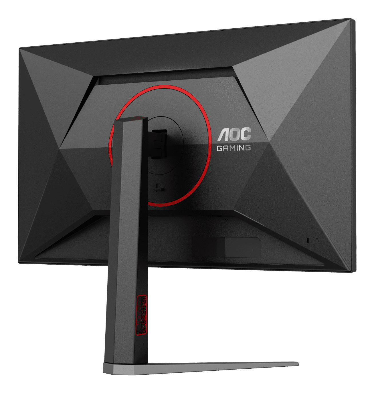 Parte trasera de un monitor AOC Gaming negro con anillo rojo.