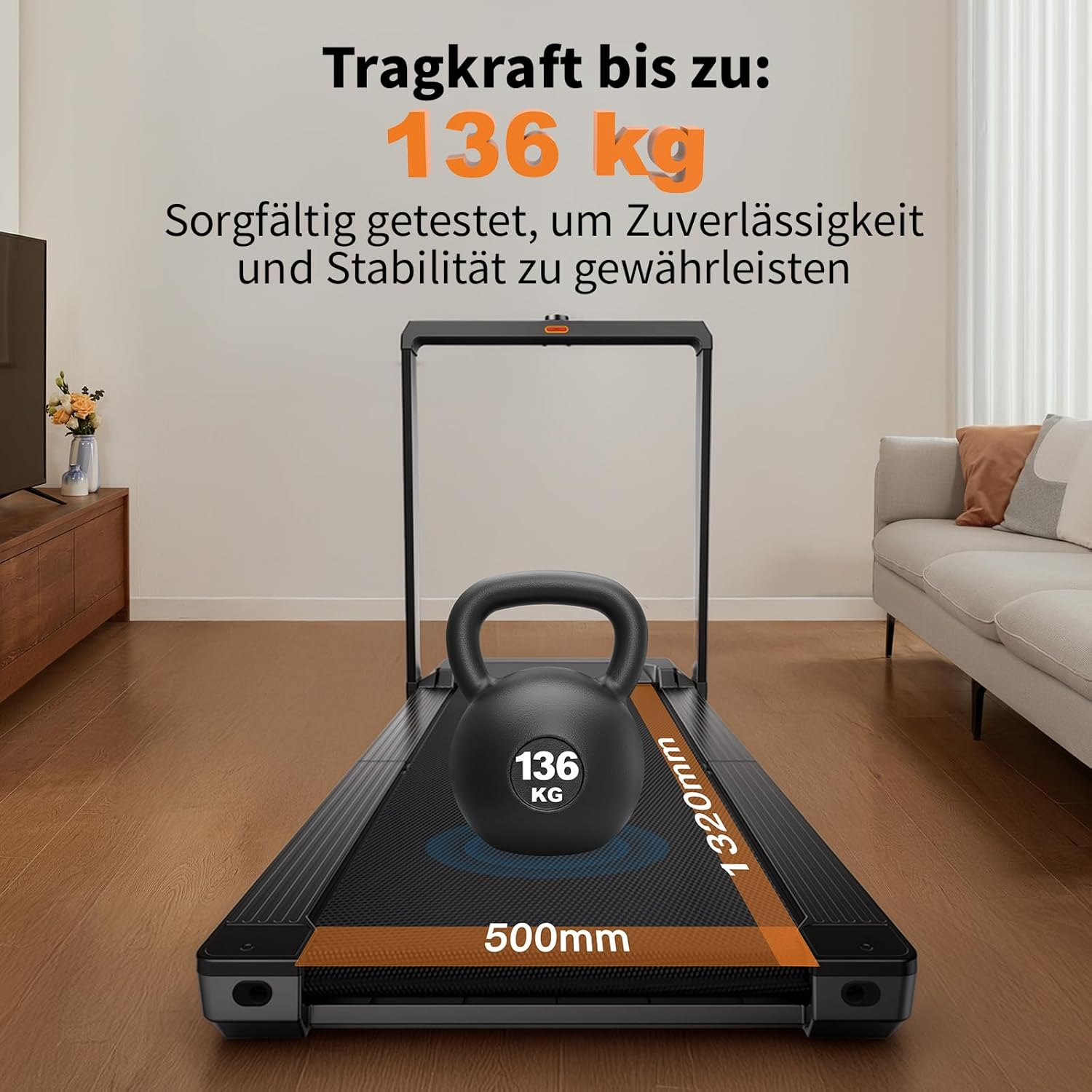Ein Laufband mit einem schwarzen Kettlebell, das 136 kg trägt. Maße 500mm x 1320mm.