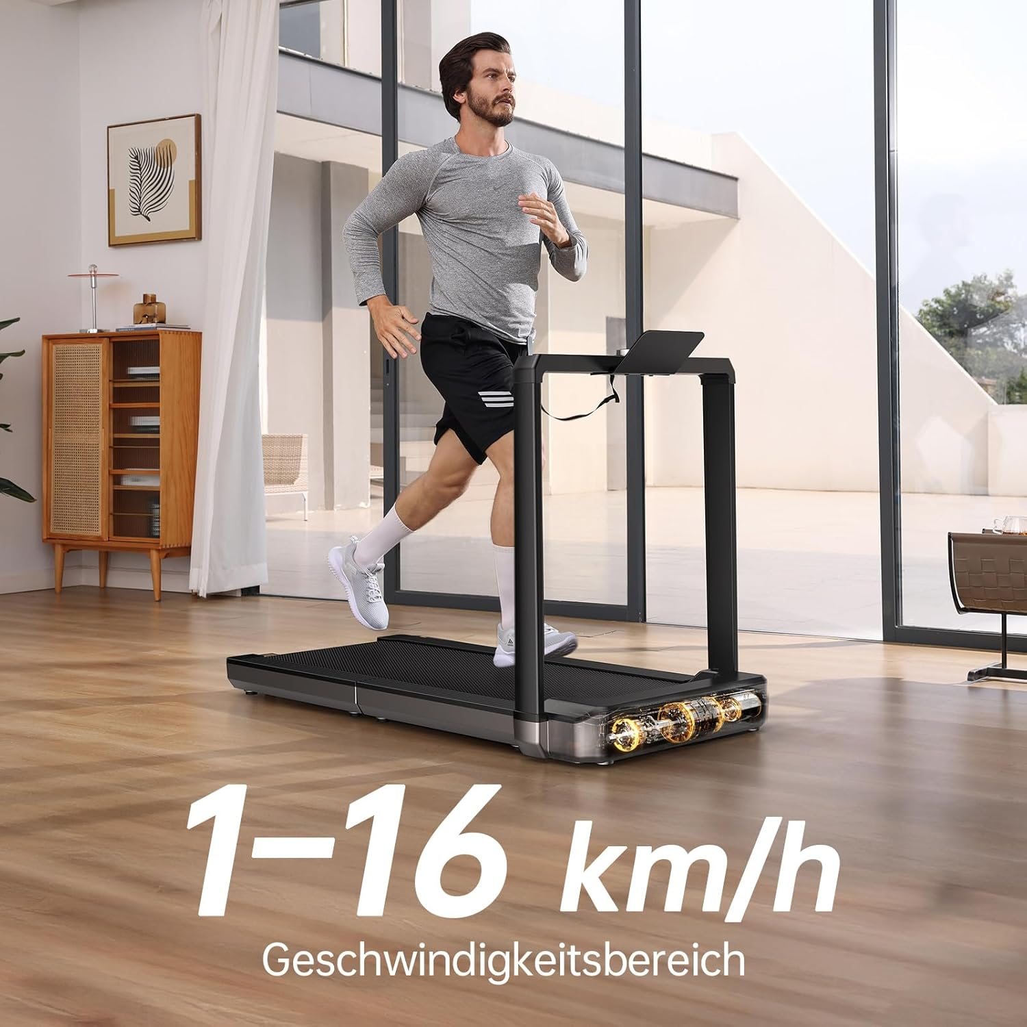 Mann läuft auf Laufband, 1-16 km/h Geschwindigkeitsbereich.