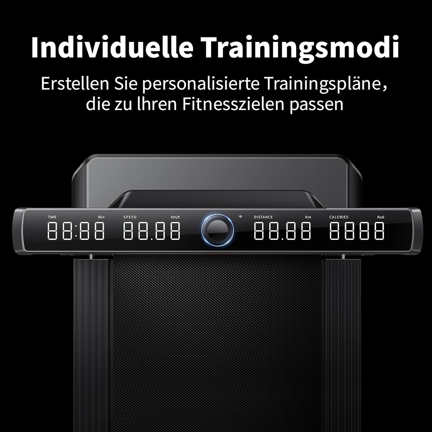 Ein Laufband-Display mit Zeit, Geschwindigkeit, Distanz und Kalorien.