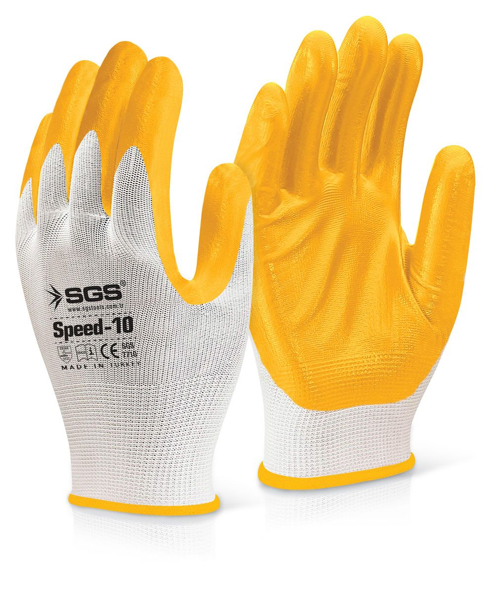 Sarı ve beyaz SGS Speed-10 iş eldiveni çifti, Türkiye'de üretilmiştir.