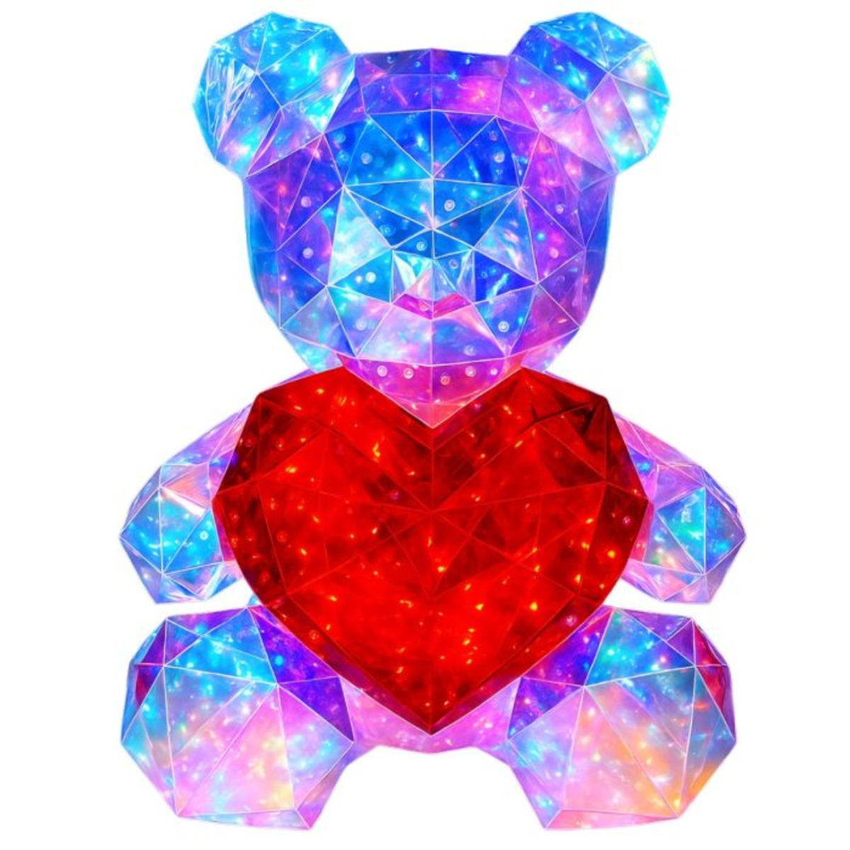 Een facetkristallen teddybeer in paars en blauw met een rood hart.