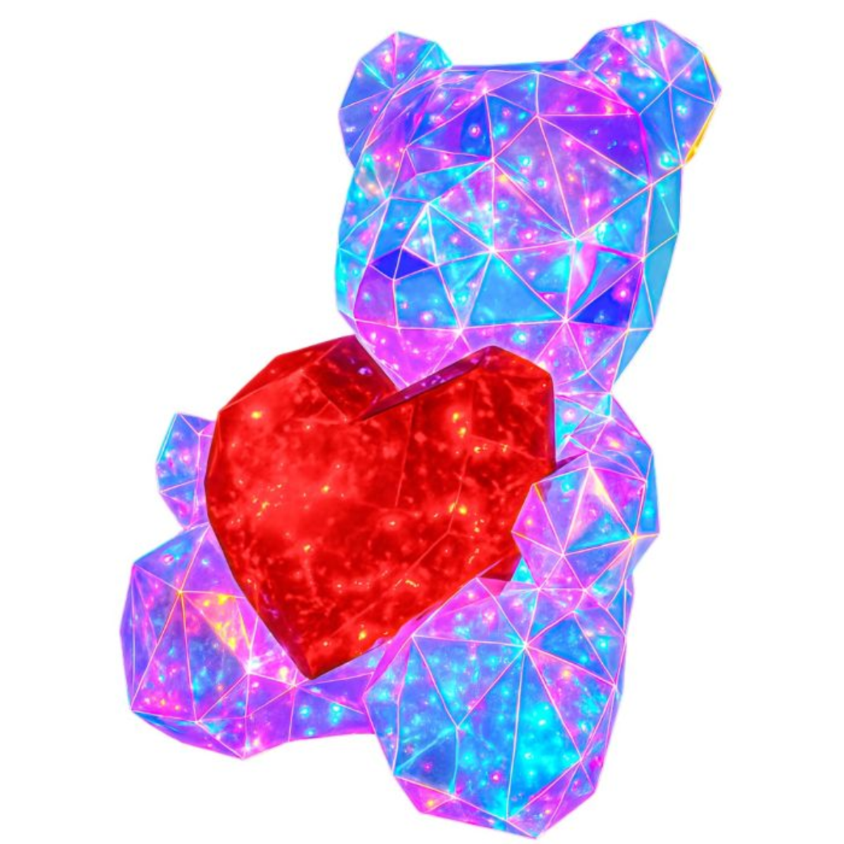 Een teddybeer-achtig object van blauwe en paarse kristallen houdt een rood hart vast.