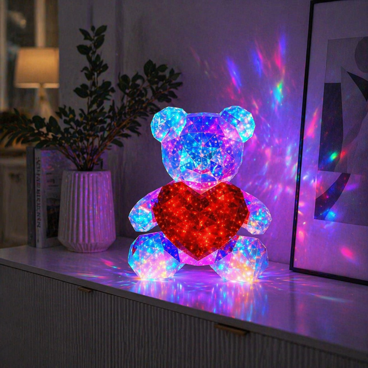 Een gloeiende kristallen teddybeer met een rood hart, die kleurrijke lichten projecteert.