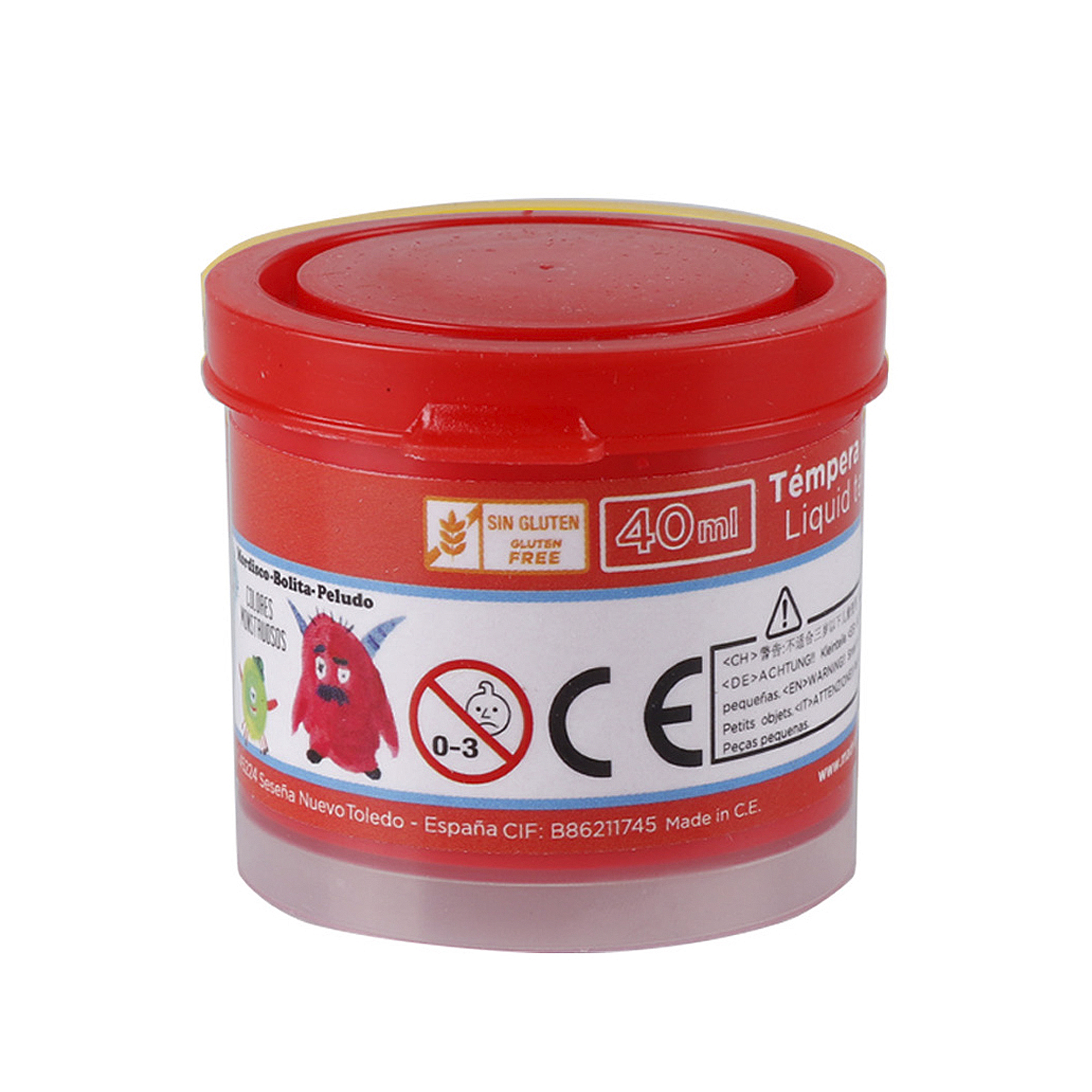 Contenitore rosso di tempera, 40ml, senza glutine, con mostri, marchio CE, età 0-3.