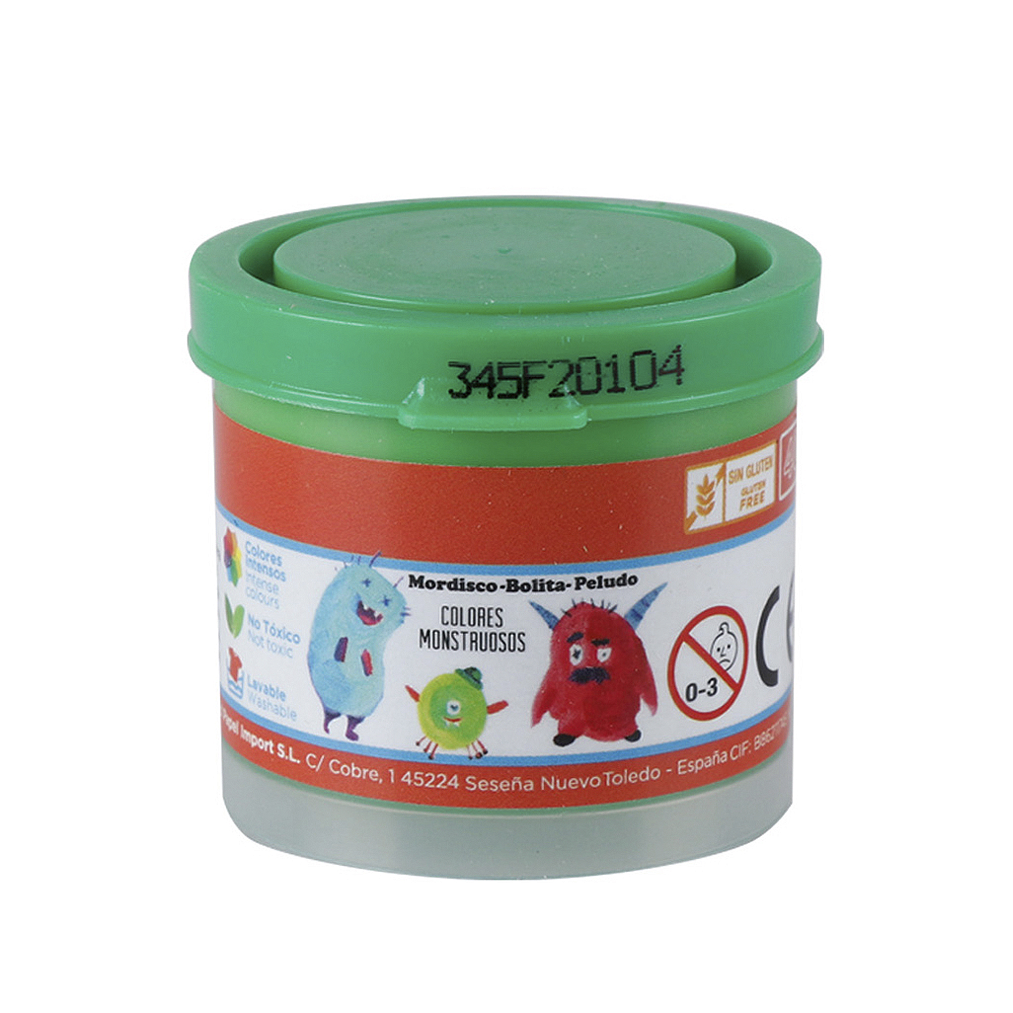 Contenitore verde con mostri colorati, etichettato 'Colores Monstruosos'.