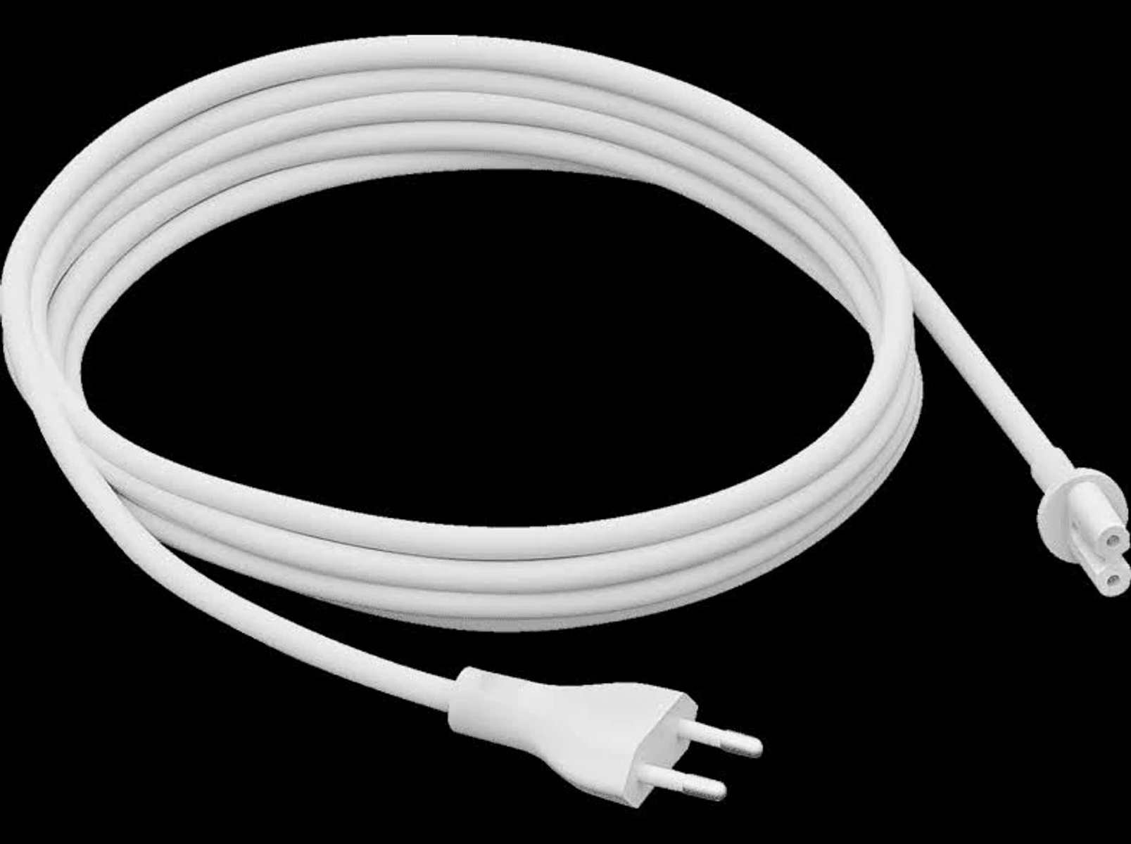 Un cable blanco con dos enchufes, uno de dos clavijas y otro de tres agujeros.