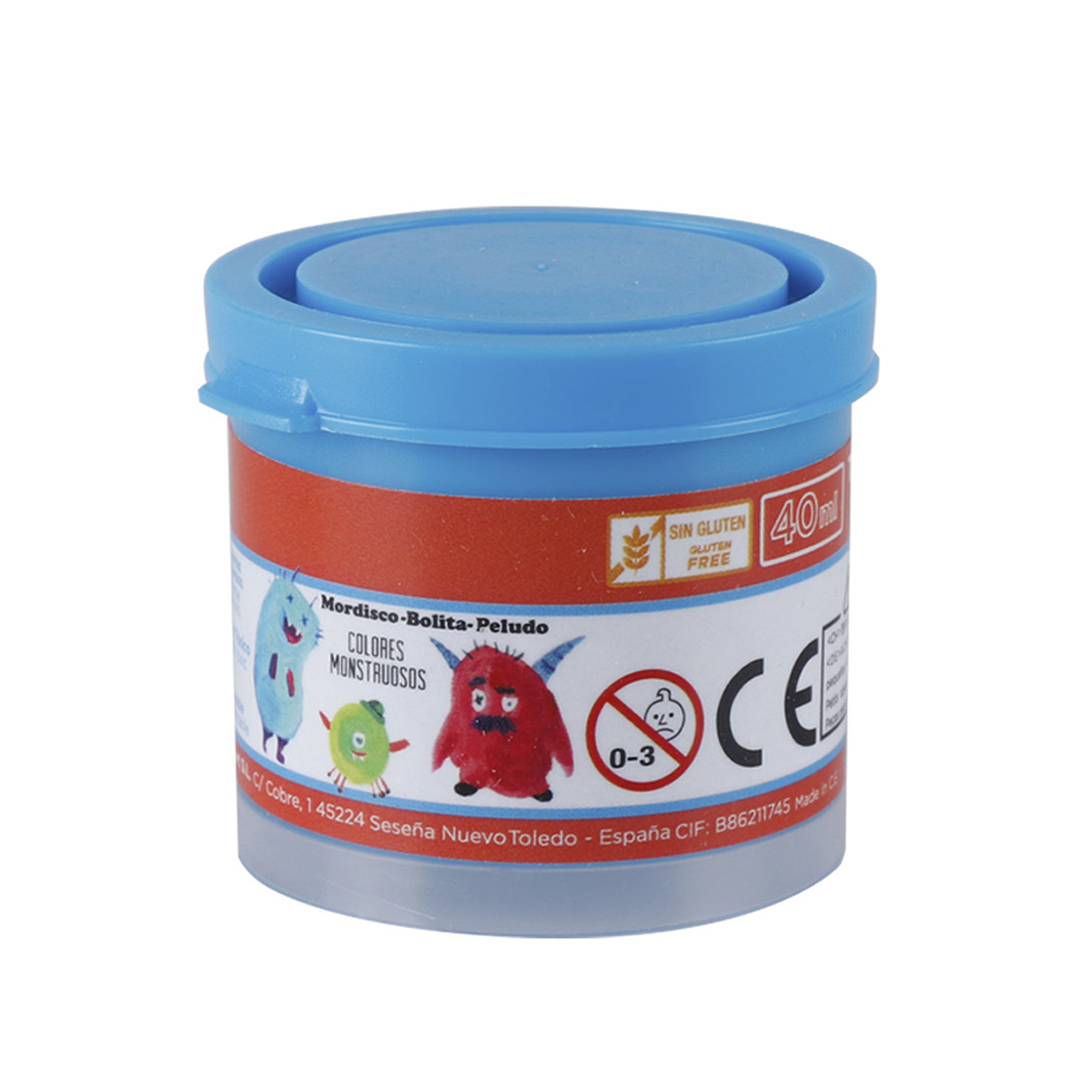 Un contenitore blu con mostri divertenti e etichetta 'Sin Gluten'.