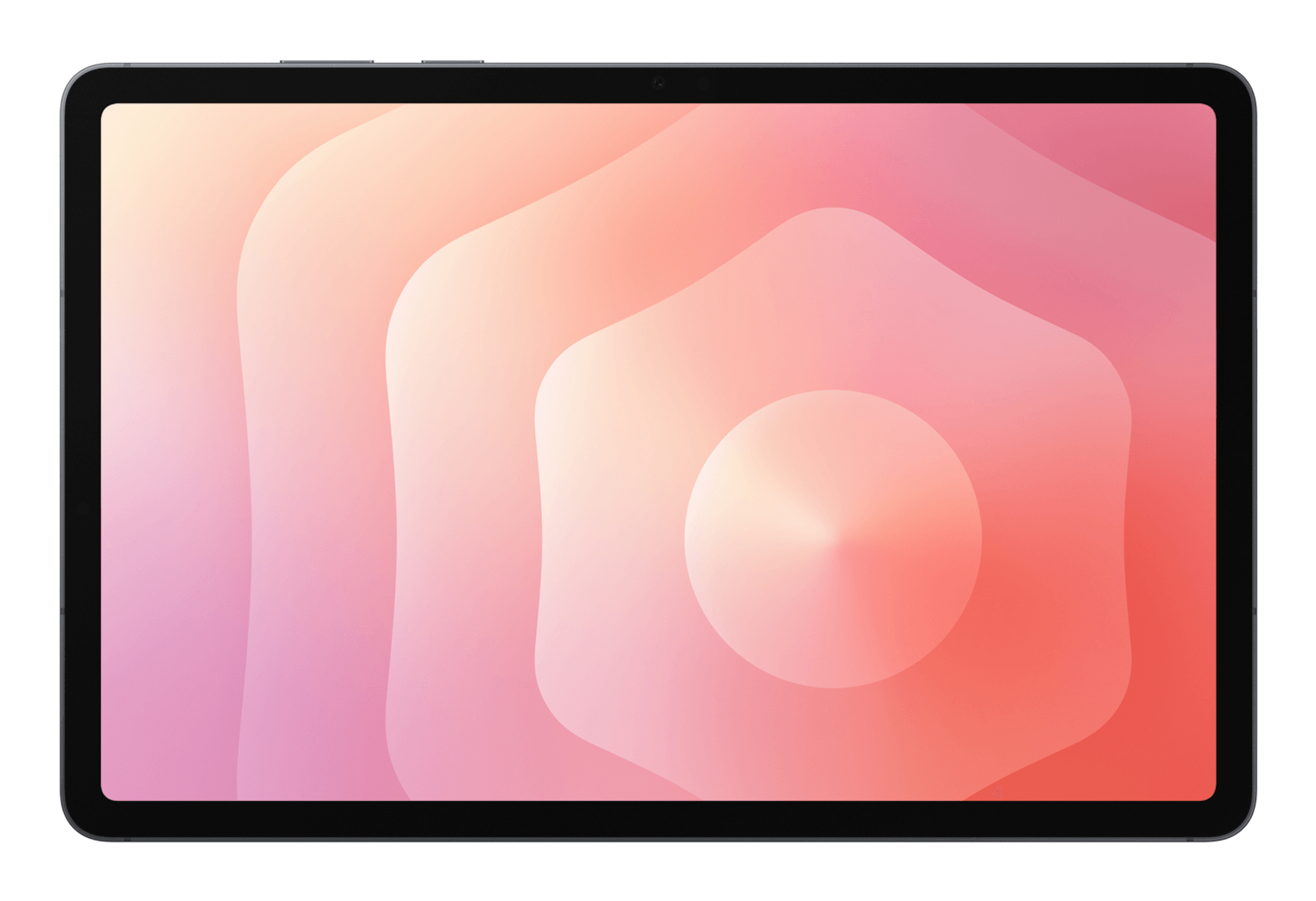 Una tableta que muestra un patrón abstracto superpuesto de hexágonos en tonos rosa y naranja.