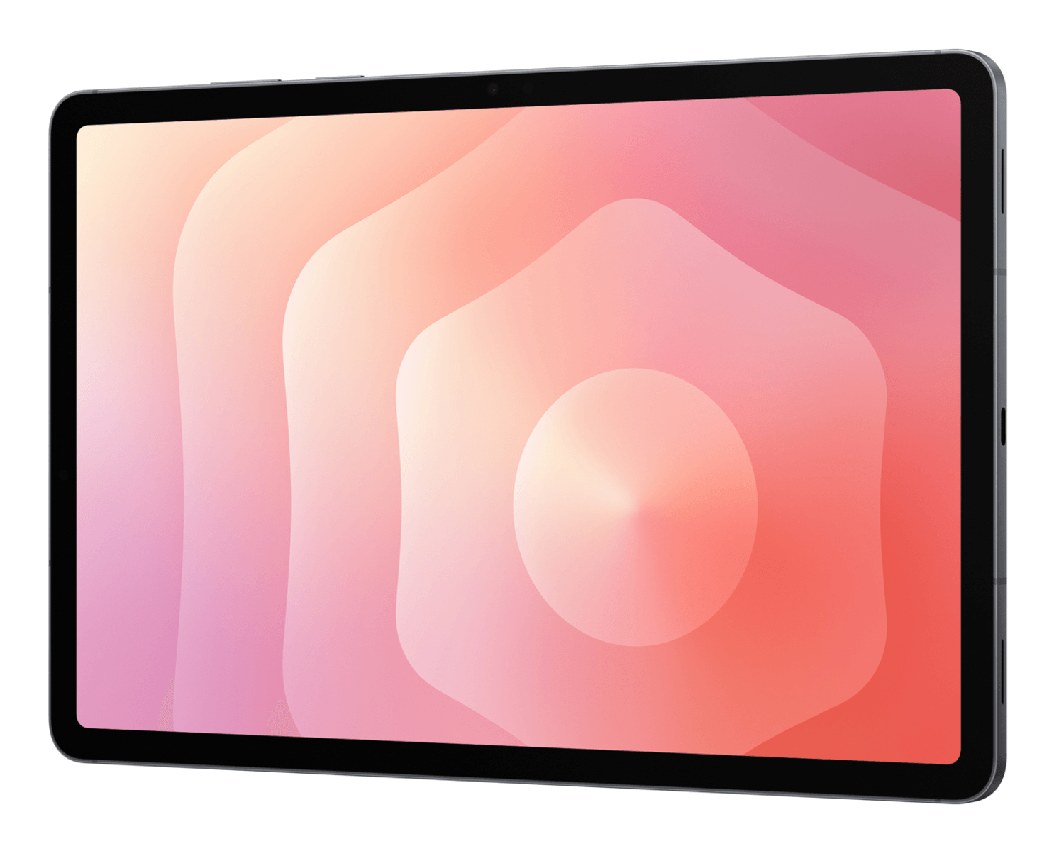 Una tableta que muestra un patrón de fondo abstracto en rosa y naranja.