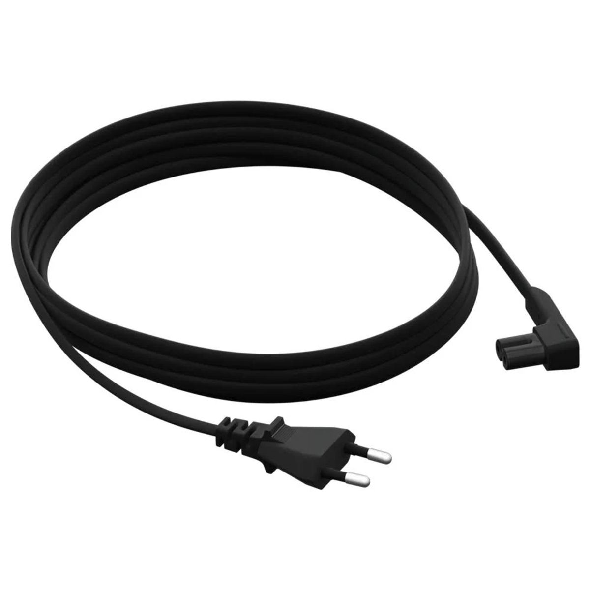 Cable de alimentación negro con enchufe europeo y conector en ángulo.