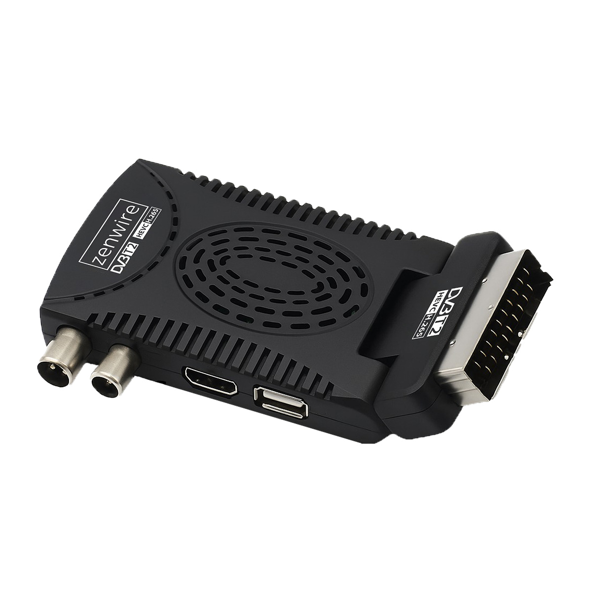 Czarny tuner telewizji cyfrowej z portami SCART i HDMI, na białym tle.