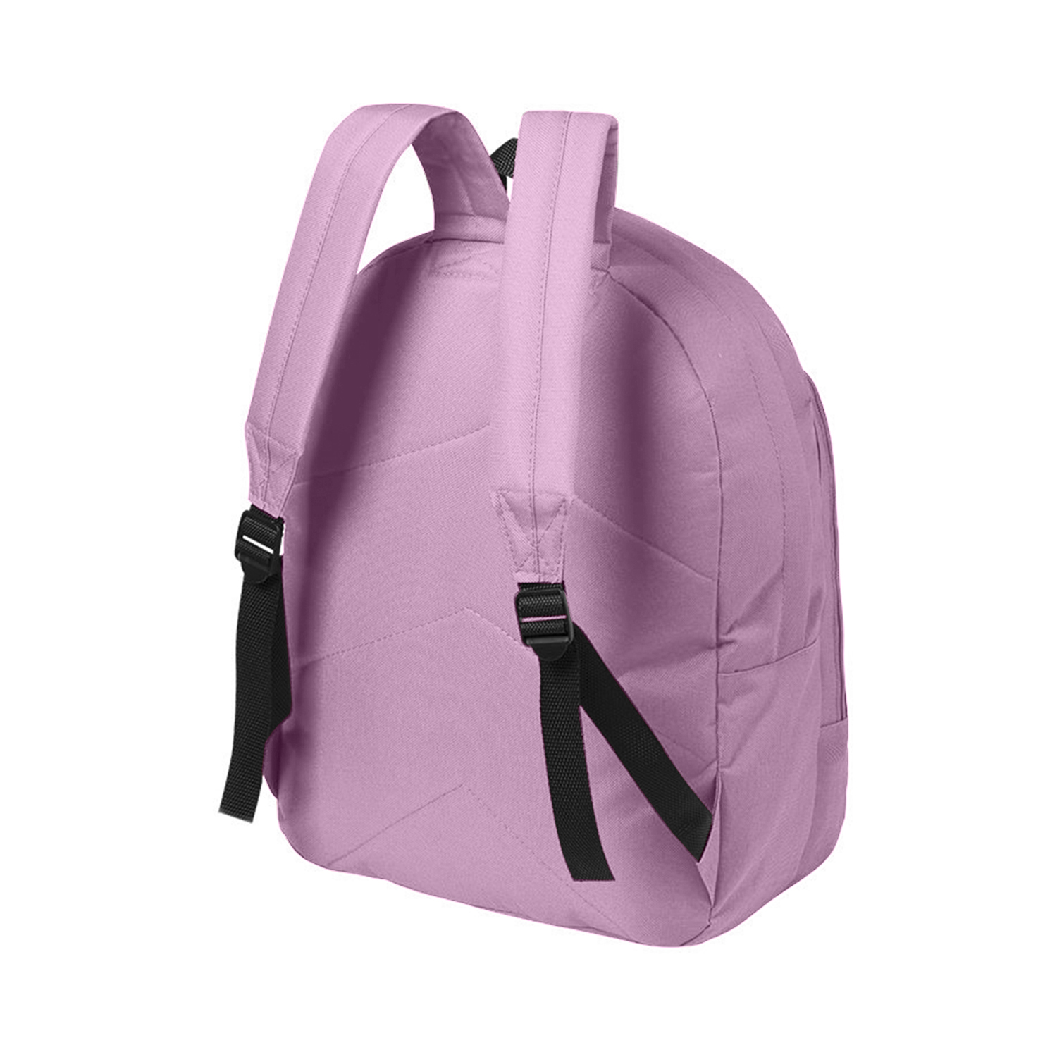 Uno zaino rosa con cinghie nere è mostrato.