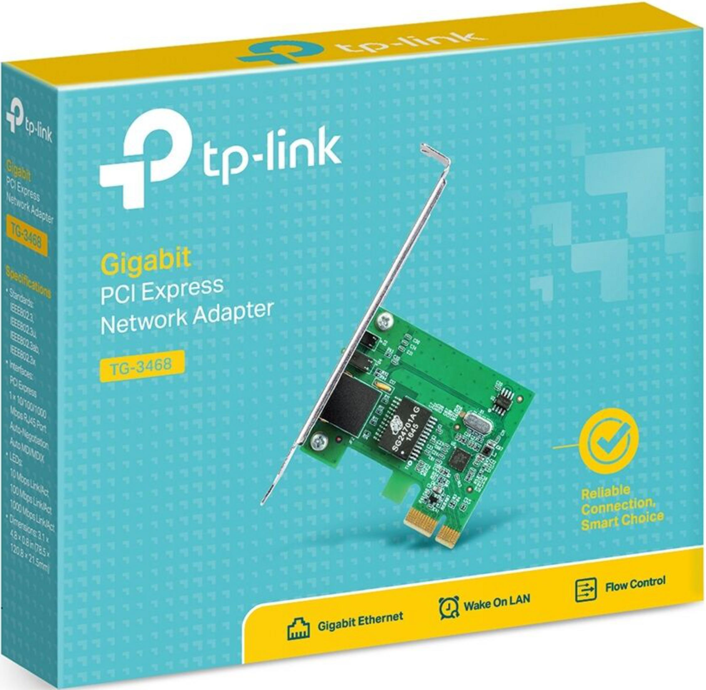 Karta sieciowa TP-Link Gigabit PCI Express TG-3468 na turkusowym pudełku.