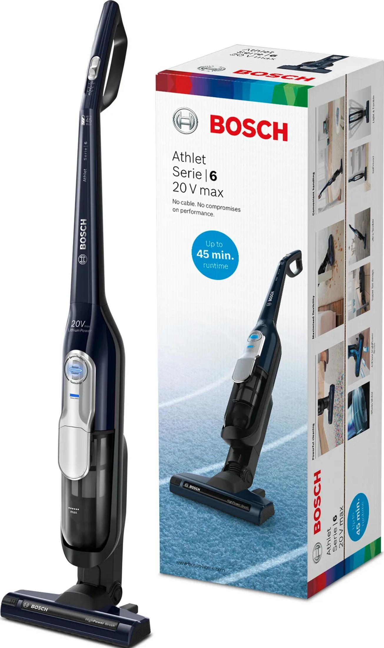Aspirapolvere senza fili Bosch blu scuro con confezione, dura fino a 45 min.