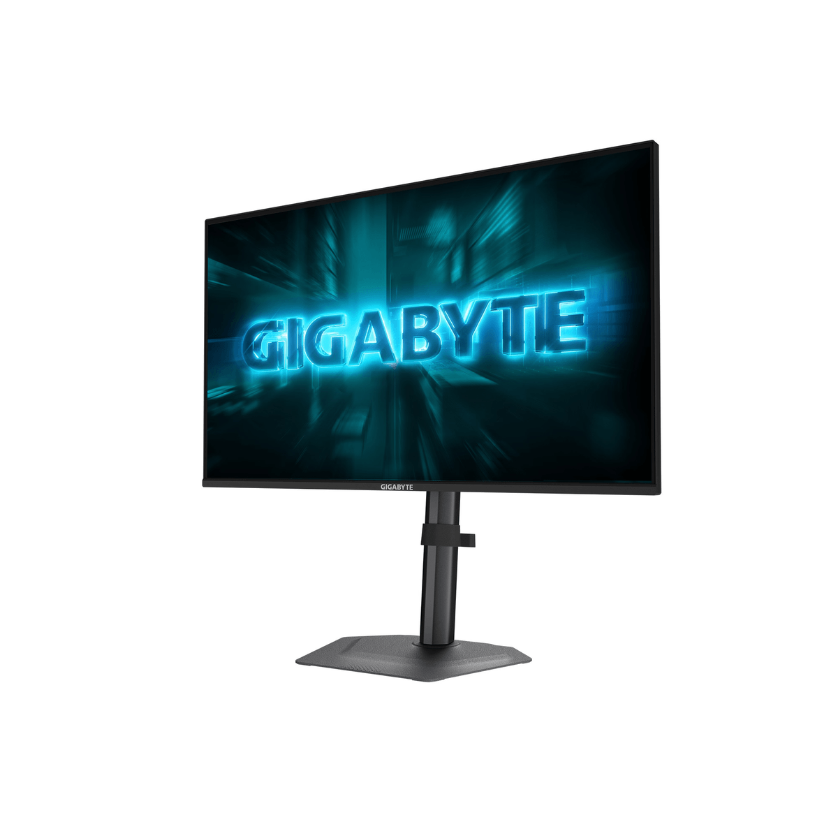 A GIGABYTE monitor displaying a blue neon logo against a dark, urban background.