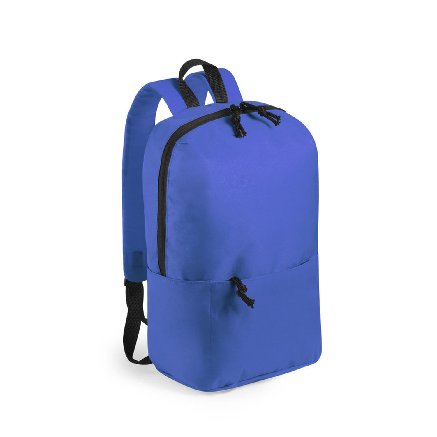 Uno zaino blu con cerniere e coulisse nere.