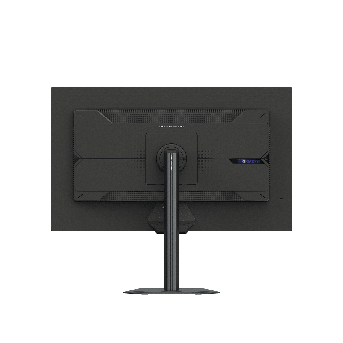 Achterkant van een zwarte monitor met GIGABYTE-logo en standaard.
