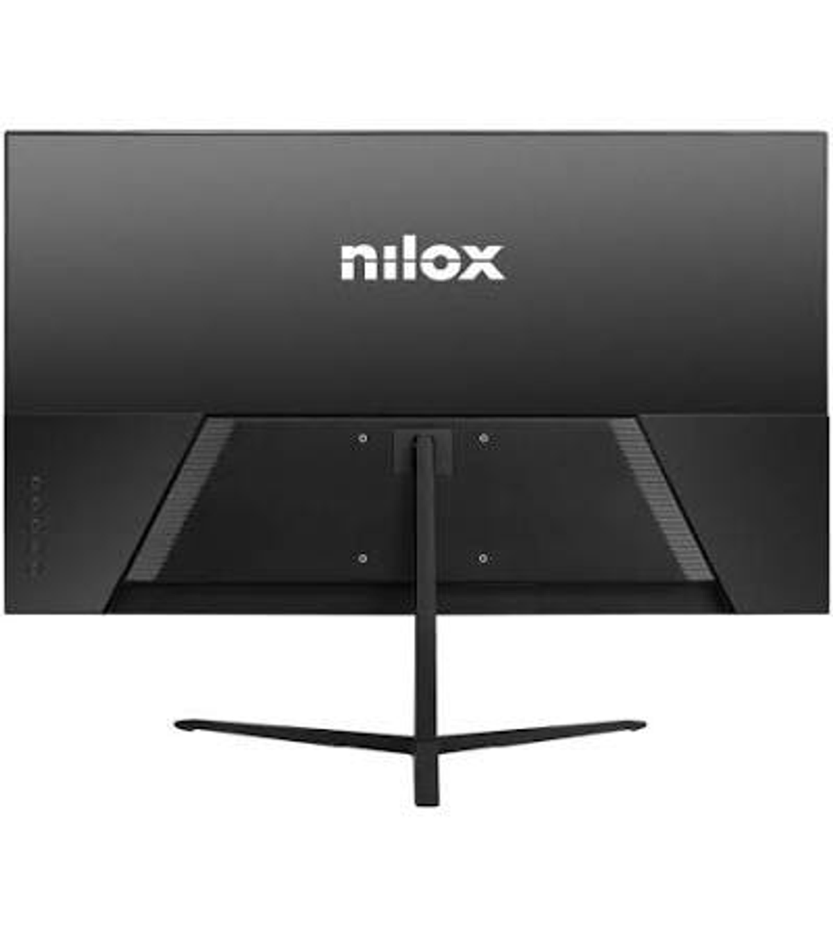 Vista posteriore di un monitor Nilox nero con schermo largo e supporto a tre gambe.