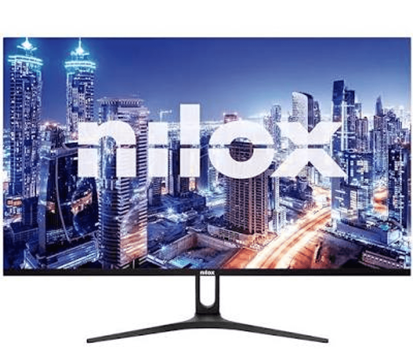 Un monitor mostra uno skyline notturno con il logo 'nilox'.