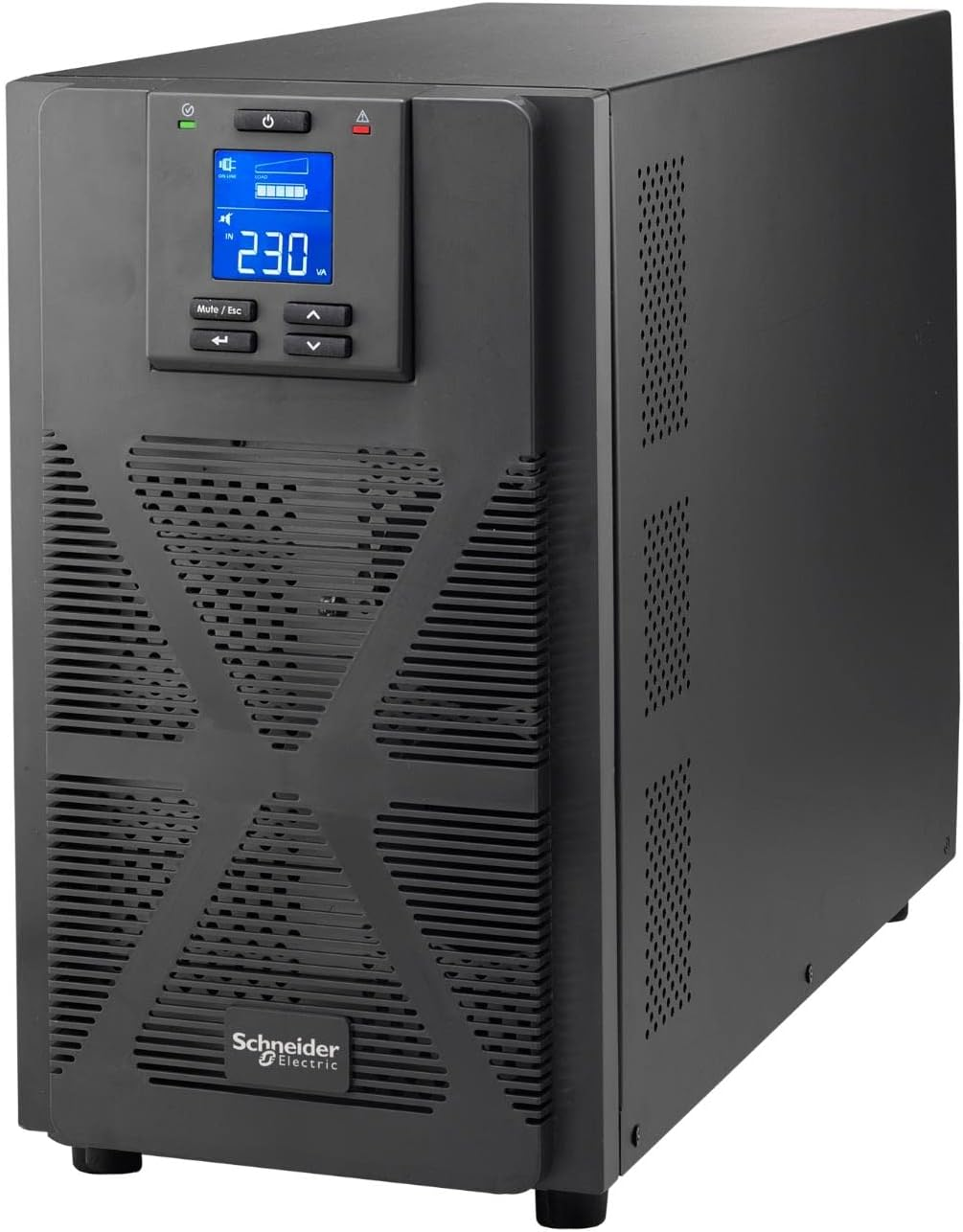 230V gösteren LCD ekrana sahip siyah Schneider Electric UPS.