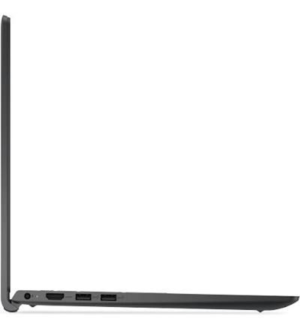 Vista lateral de un portátil negro mostrando puertos: USB, HDMI, adaptador de corriente.
