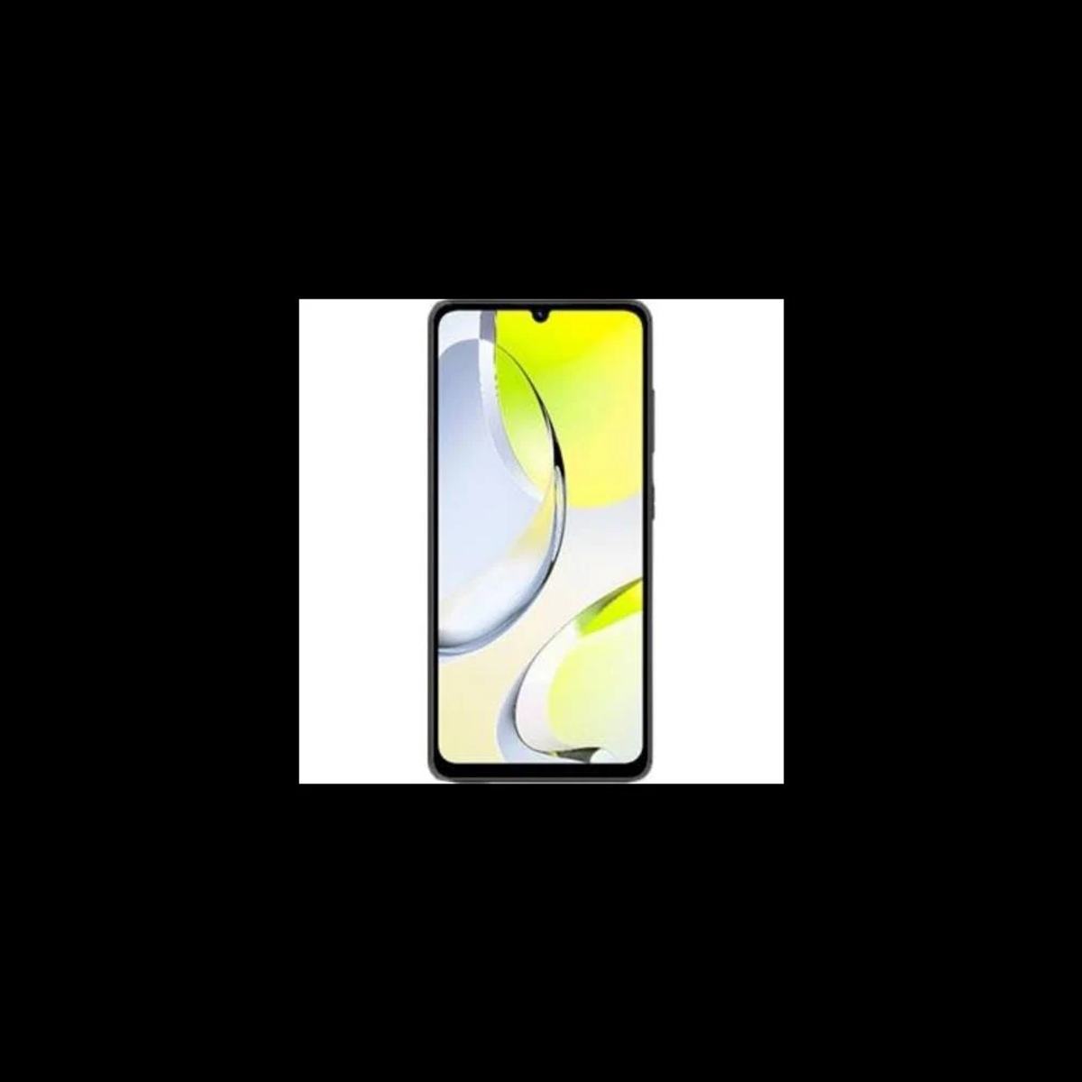 Un smartphone negro con un patrón ondulado en amarillo y blanco en la pantalla.