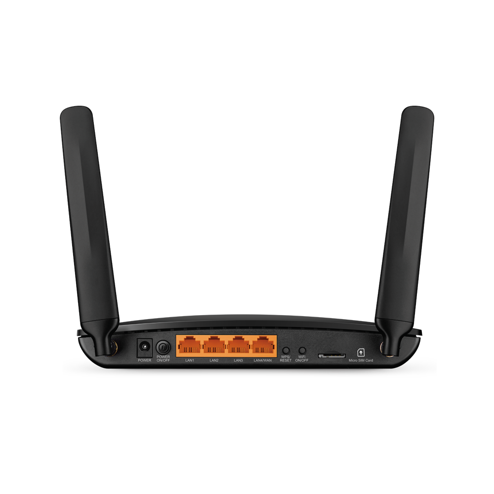 Router nero con due antenne e porte: Alimentazione, LAN1-3, LAN4/WAN, Reset, WiFi, Micro-SIM.