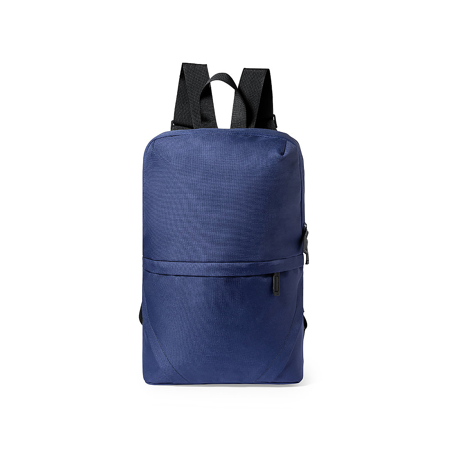 Uno zaino blu con spalline nere su sfondo bianco.