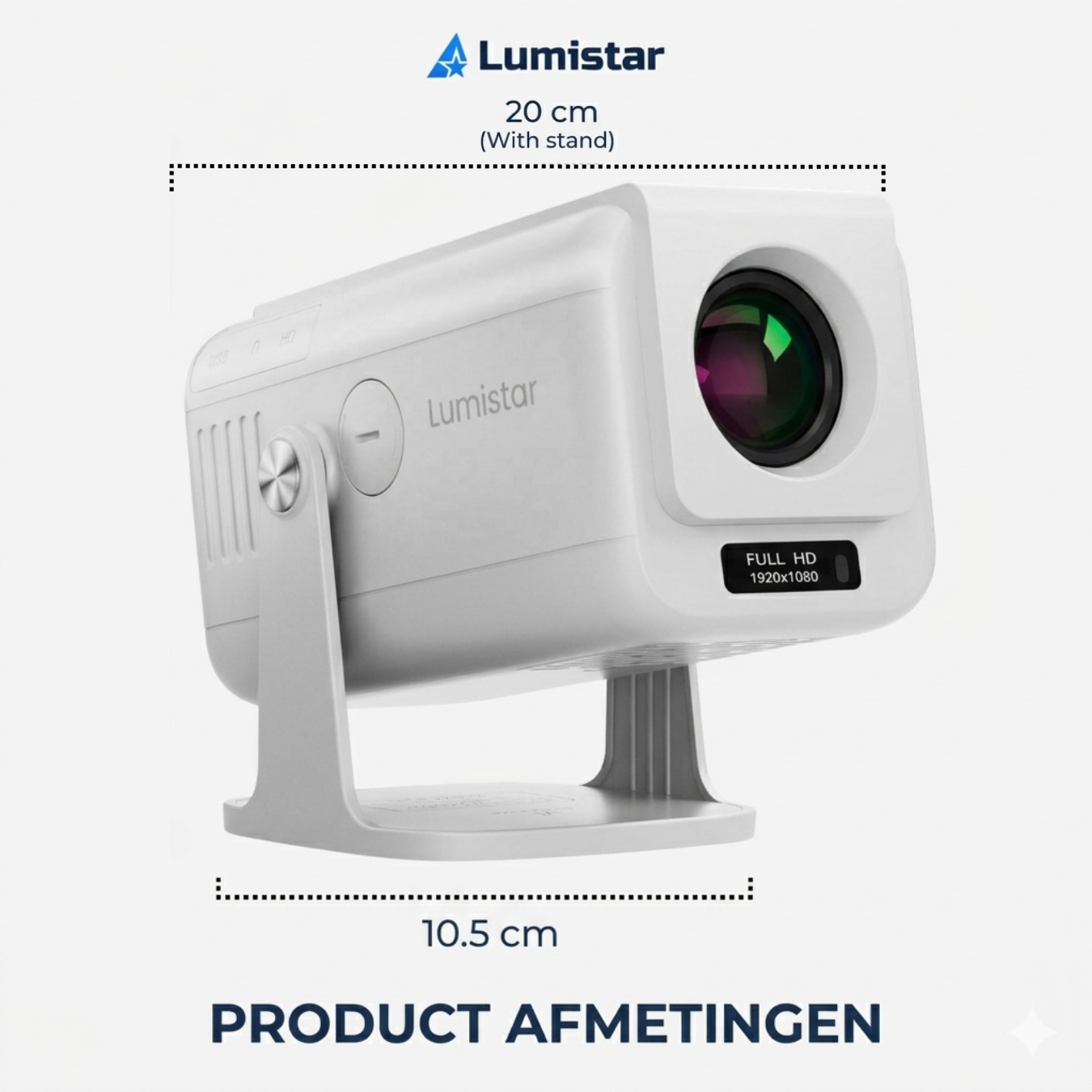 Un proiettore Lumistar bianco con lente e display "FULL HD", alto 20 cm.
