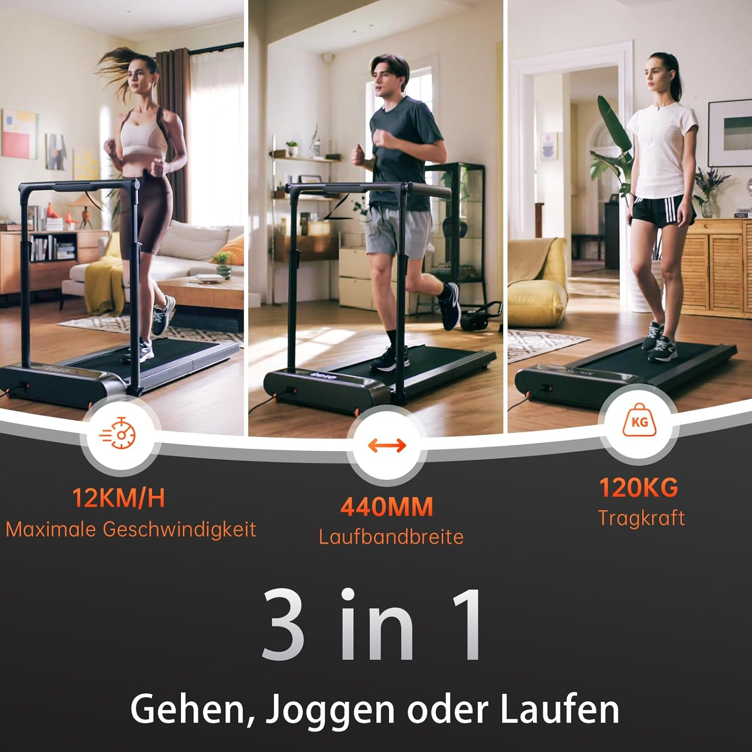 Drei Personen trainieren auf Laufbändern: Frau joggt, Mann läuft, Frau geht. Features: 12km/h, 440mm Band, 120kg Tragkraft.