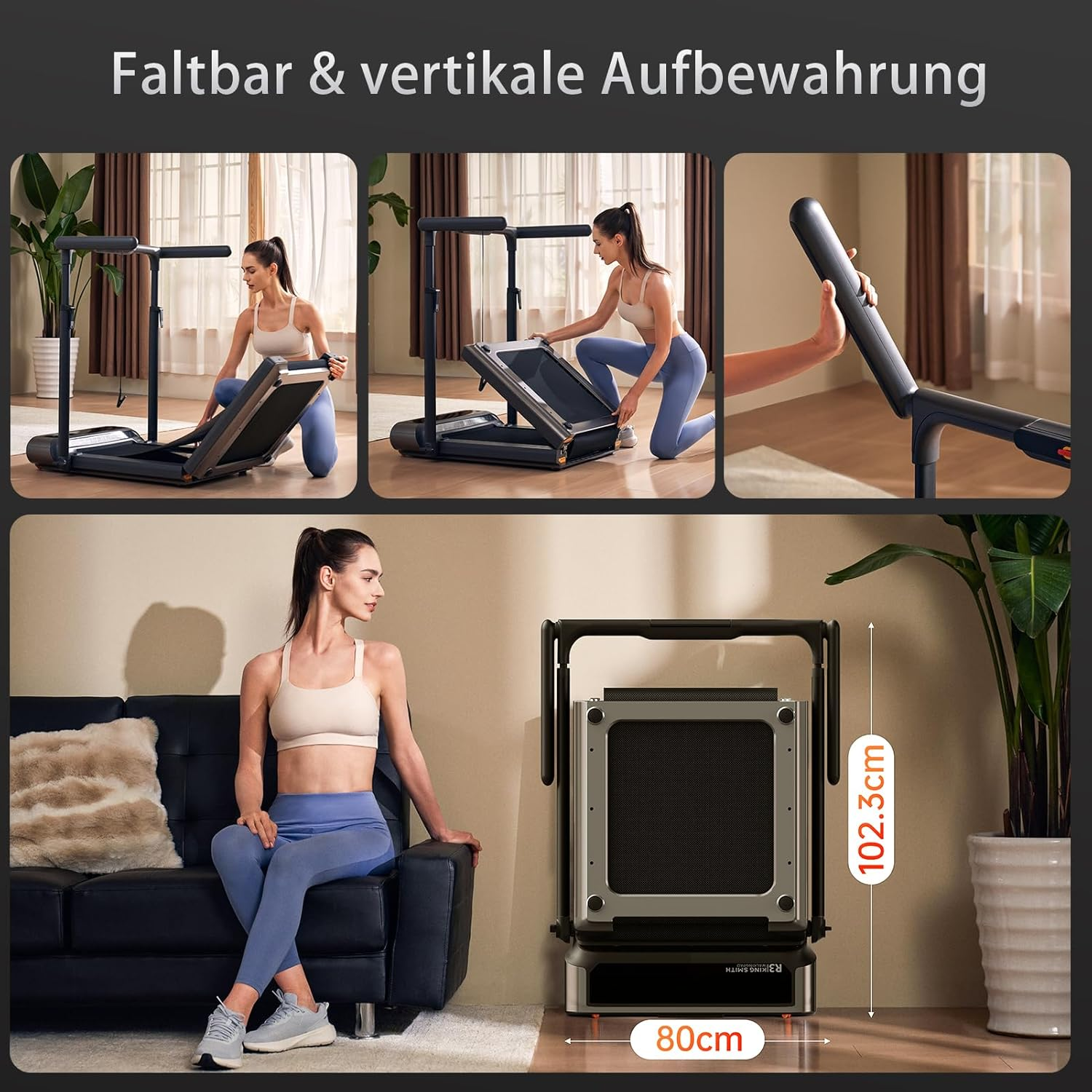 Frau faltet Laufband, eine sitzt auf Sofa, komprimierte Maße auf Unterseite.