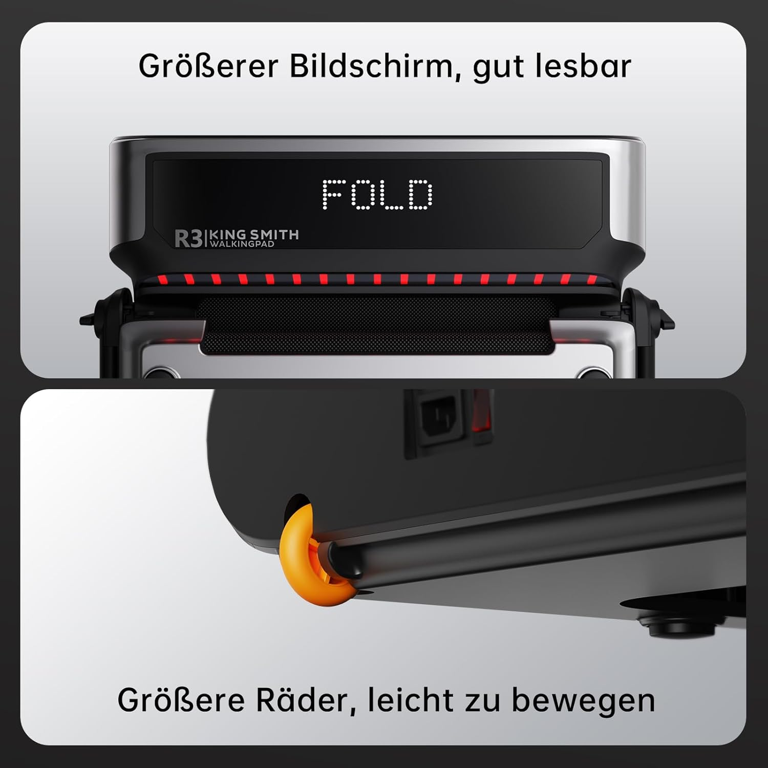 Ein Laufband mit faltbarem Design, großem Bildschirm und Rädern.
