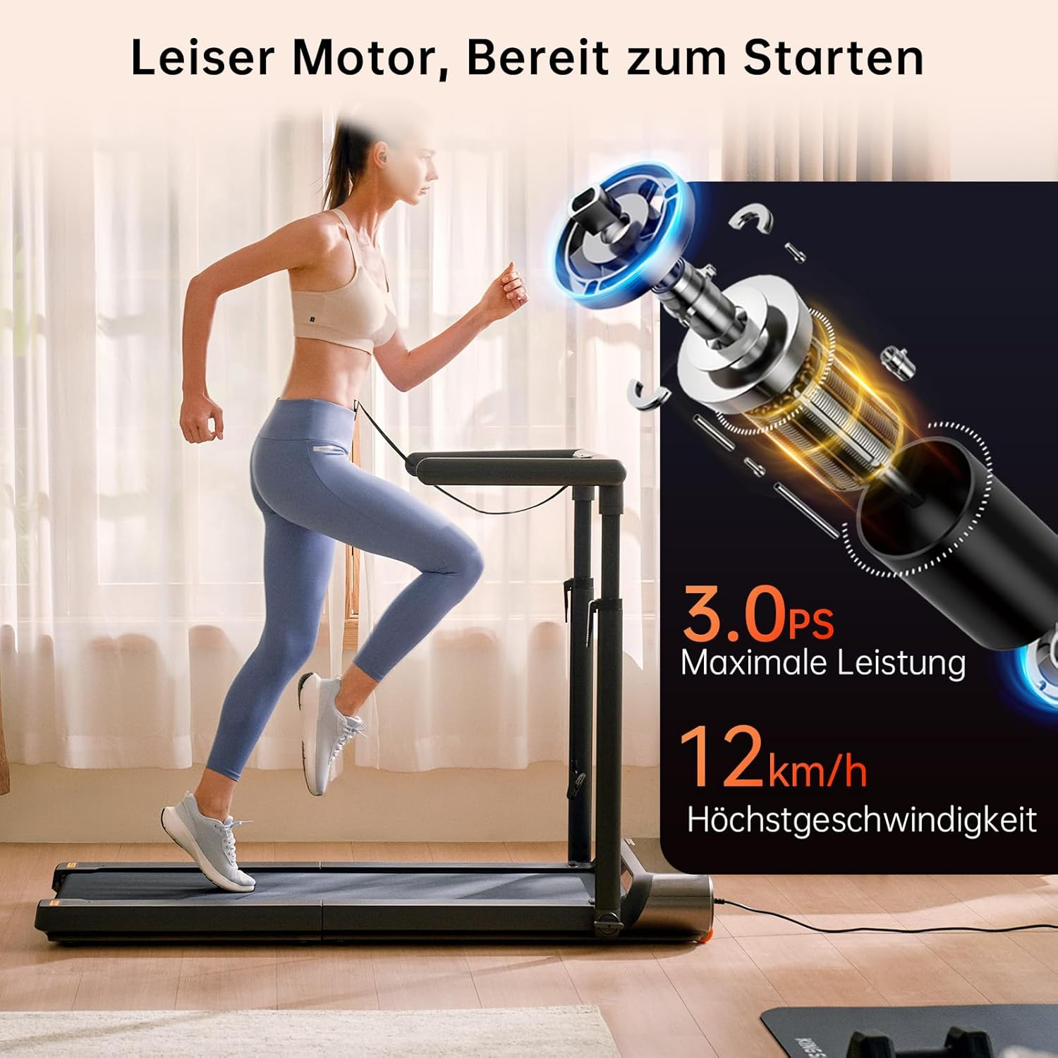 Frau läuft auf Laufband, daneben Motorabbildung mit Leistungsdaten.