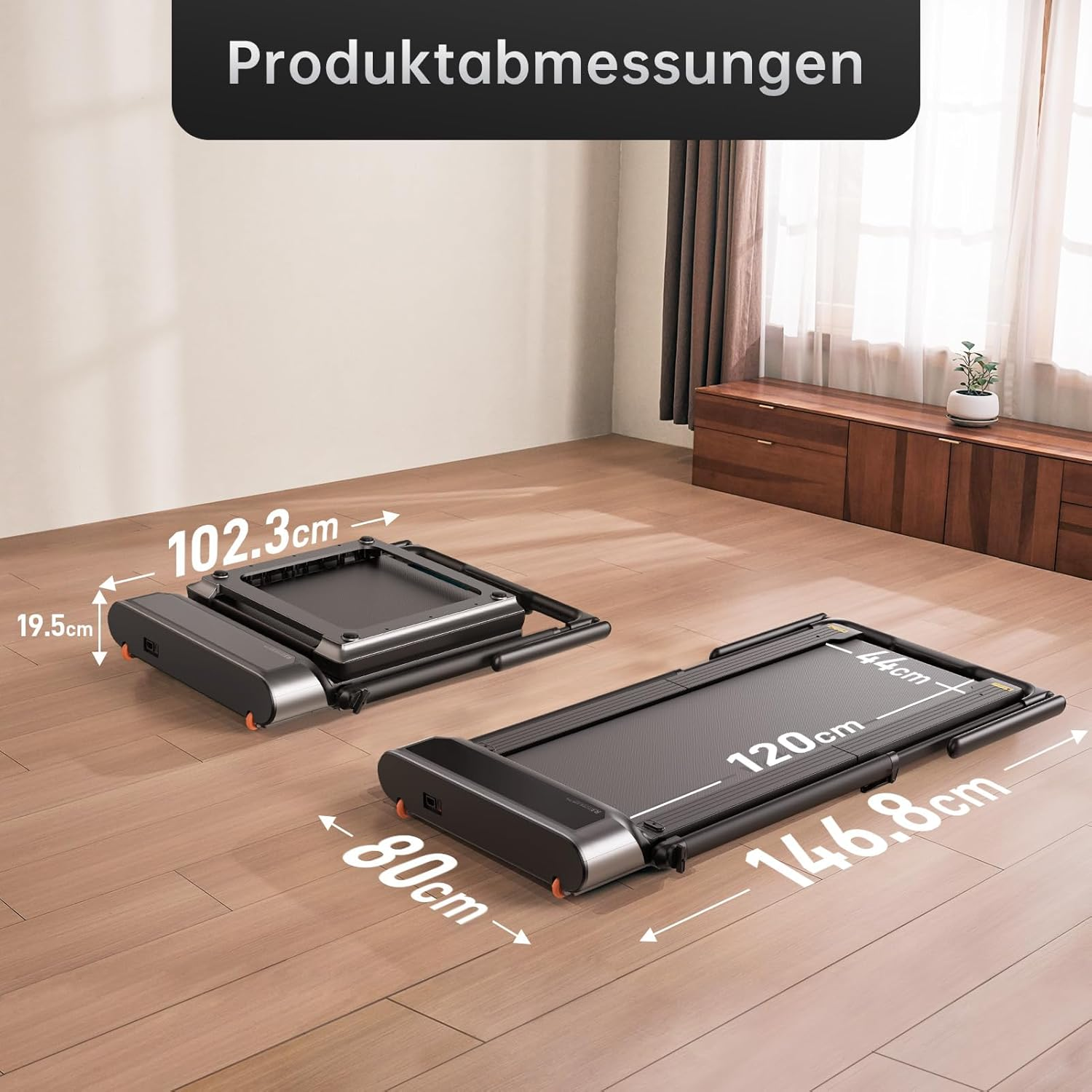 Zusammenklappbarer Laufband mit Maßen: 146,8 x 44 cm, zusammengeklappt 102,3 x 80 cm.