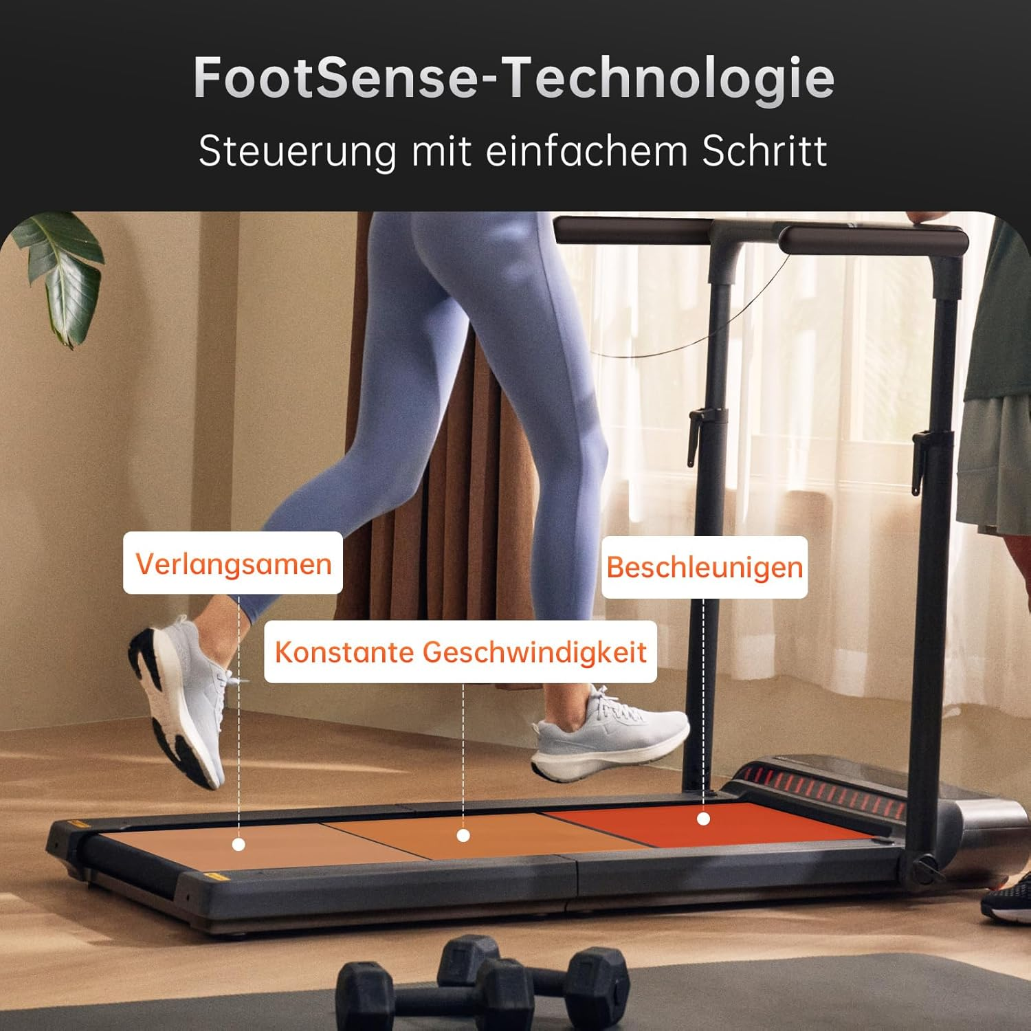 Person läuft auf Laufband mit Fußsteuerung. Gewichtsverlagerung steuert Geschwindigkeit.