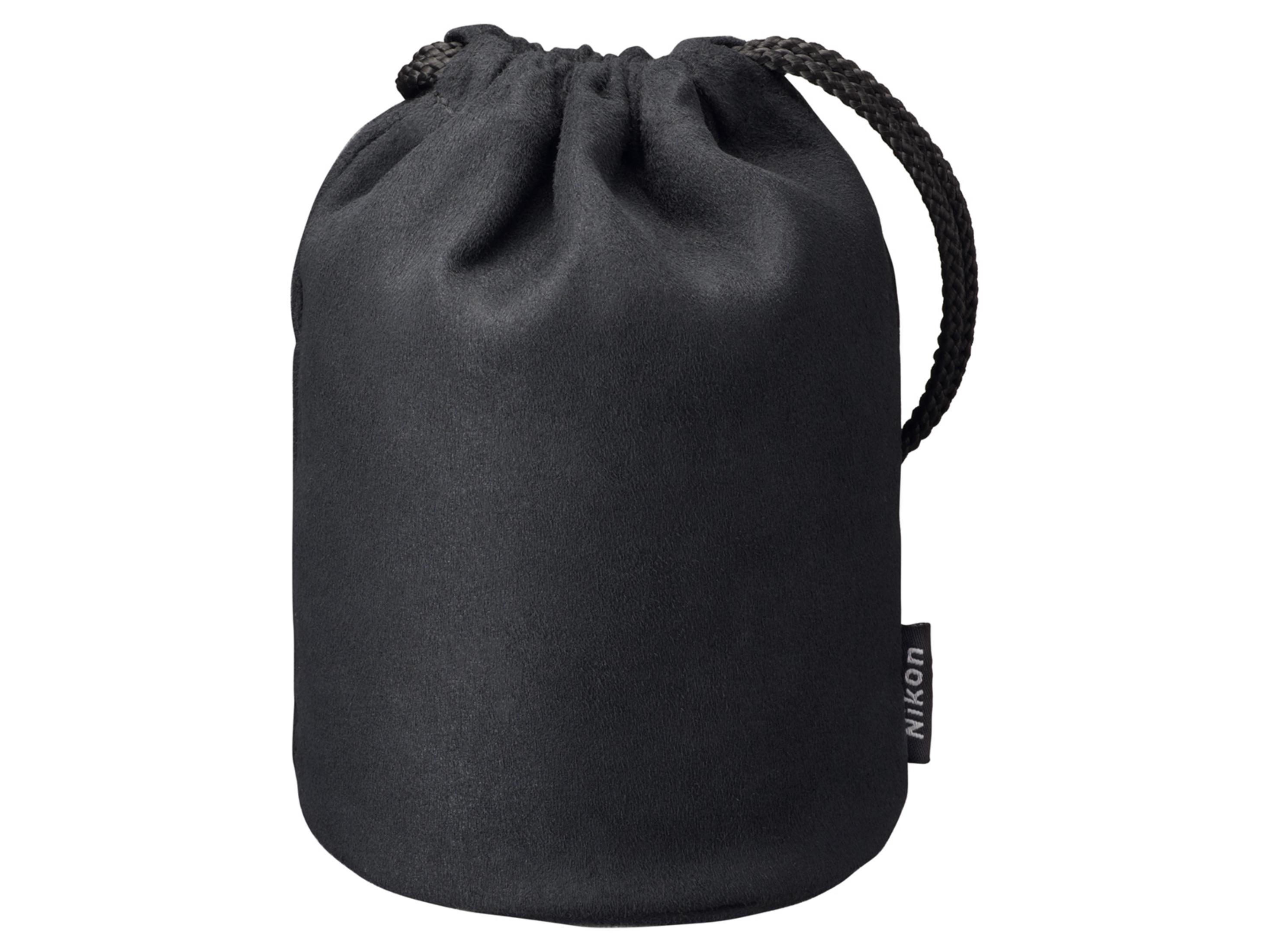 Una borsa nera con coulisse Nikon con cordoncino intrecciato. Logo bianco su etichetta.