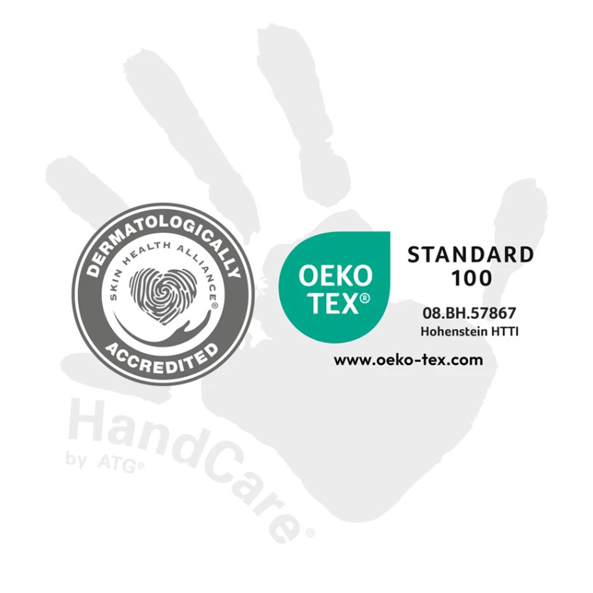 Logolar: Dermatolojik olarak test edilmiştir, OEKO-TEX Standard 100, Hand Care by ATG.