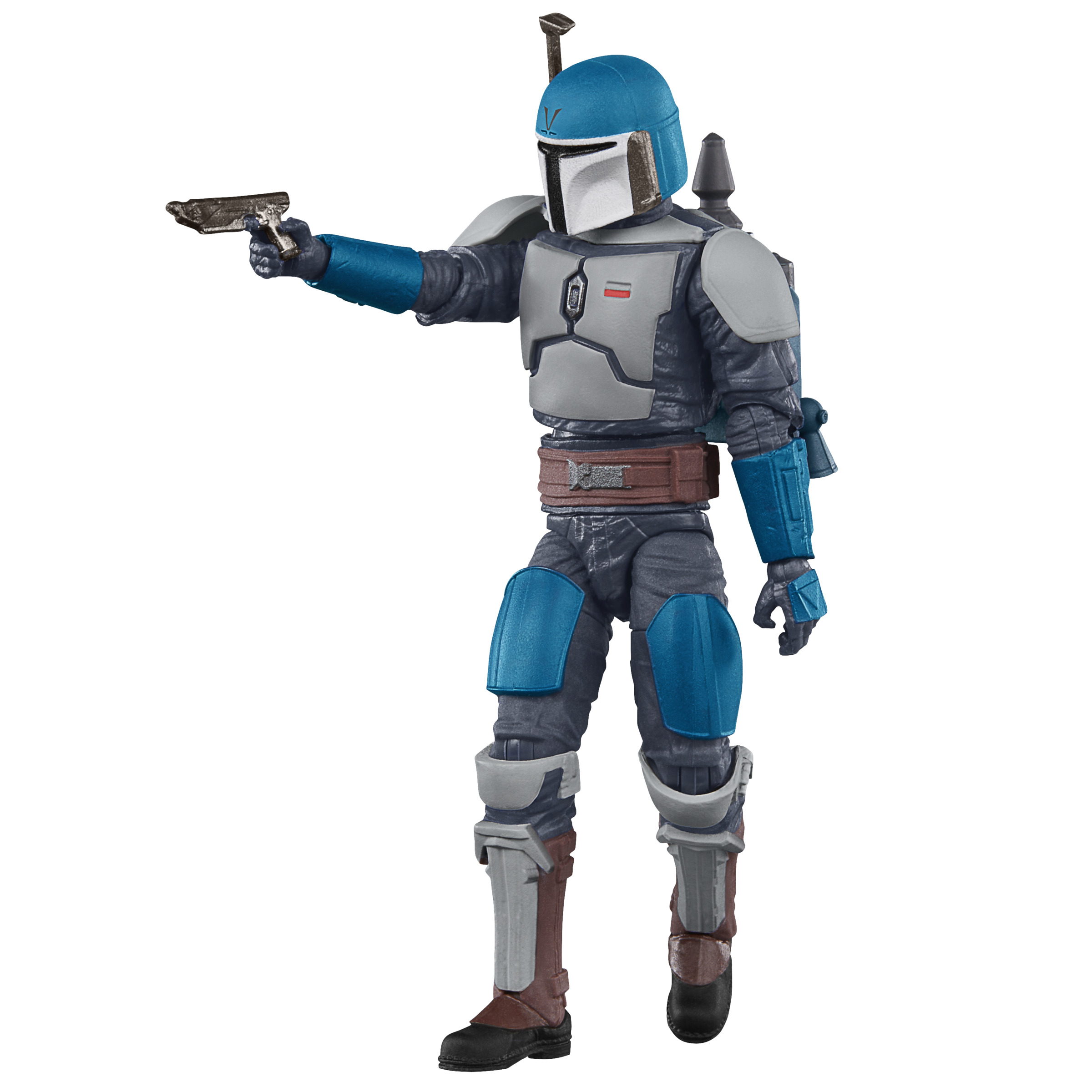 Mavi ve gri zırhlı bir Mandalorian savaşçısı aksiyon figürü, üzerinde blaster tabancası.