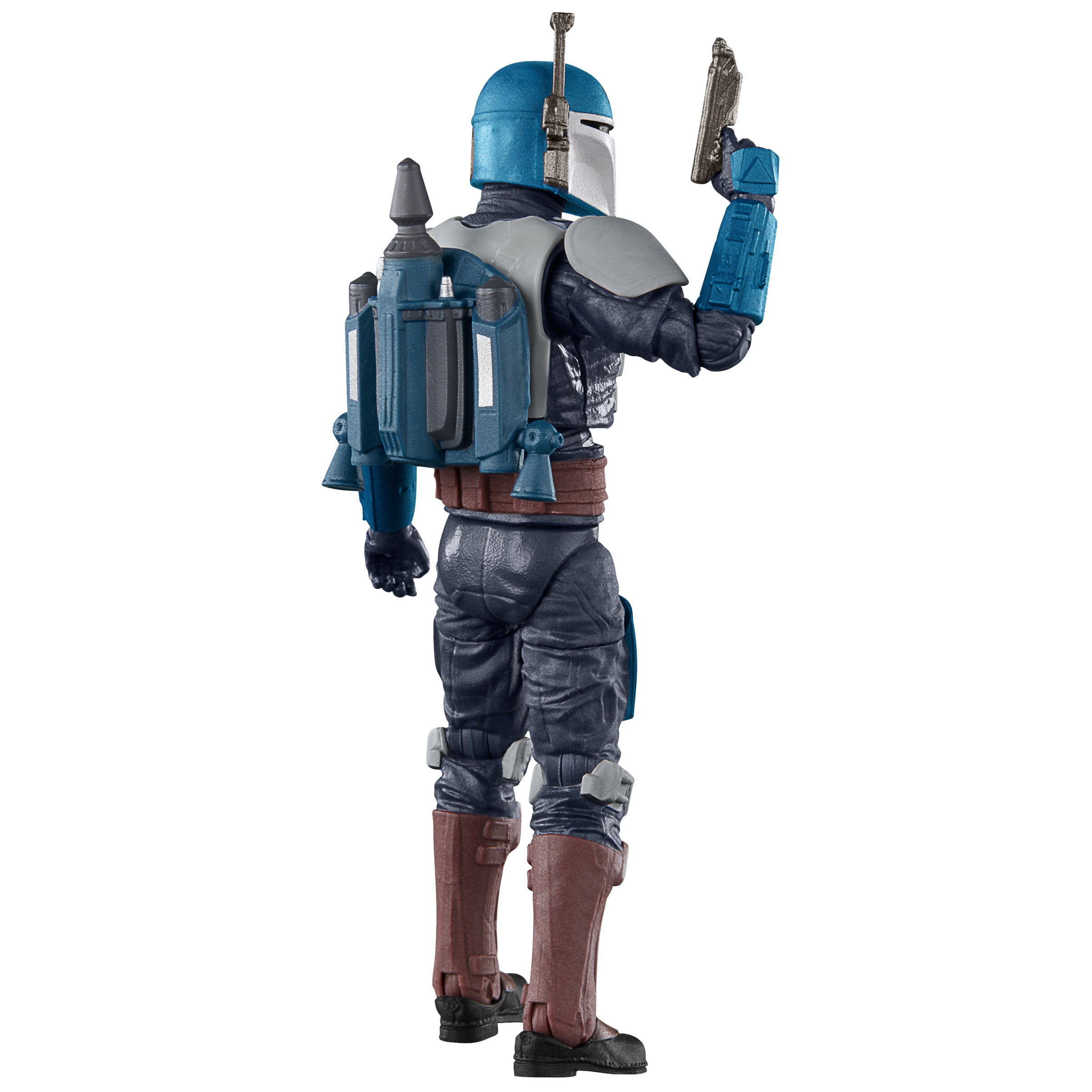 Mavi zırhlı, jetpackli ve silahlı bir savaşçının aksiyon figürü.