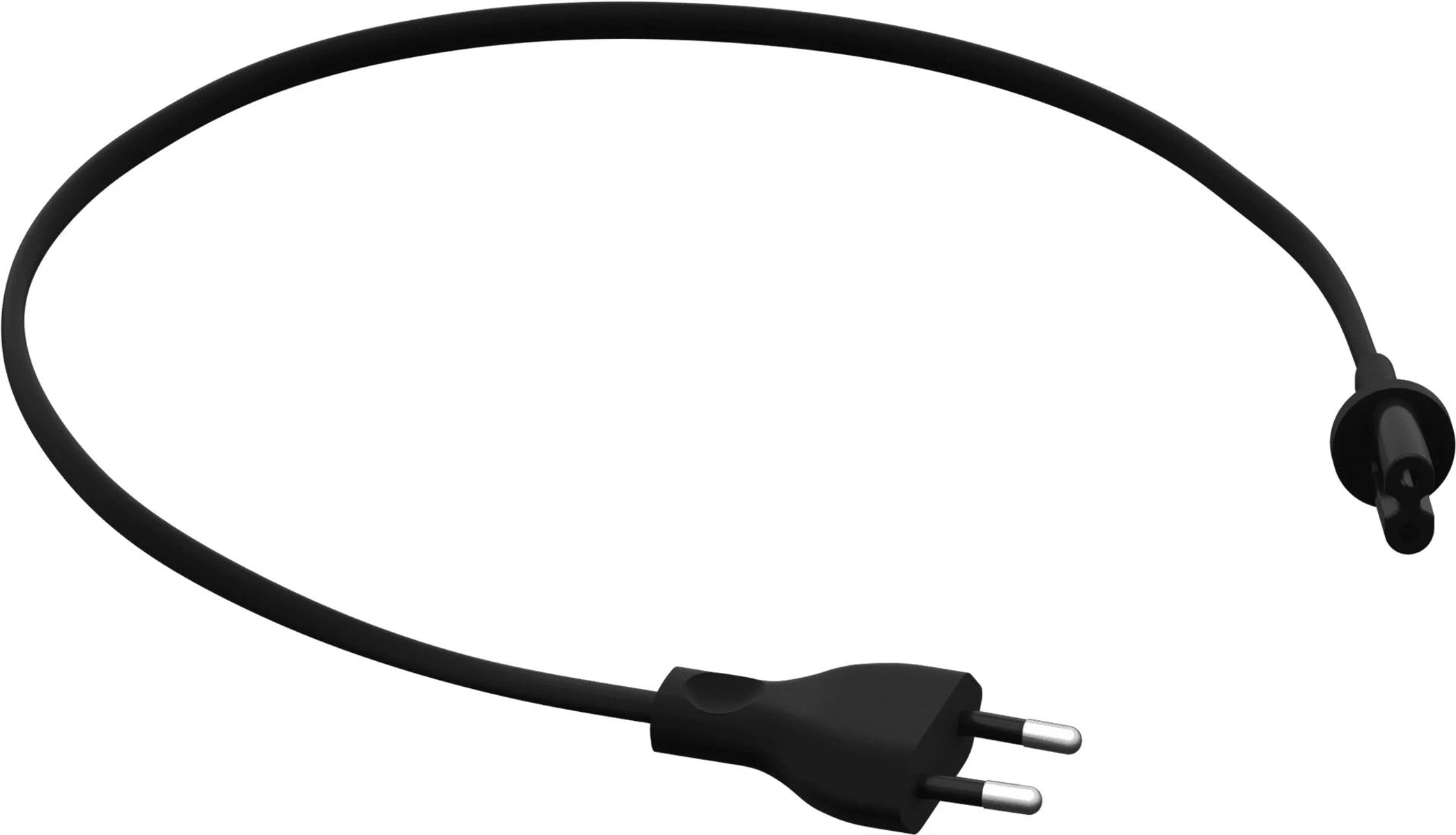 Un cable negro con dos enchufes, un enchufe europeo y un enchufe redondo.