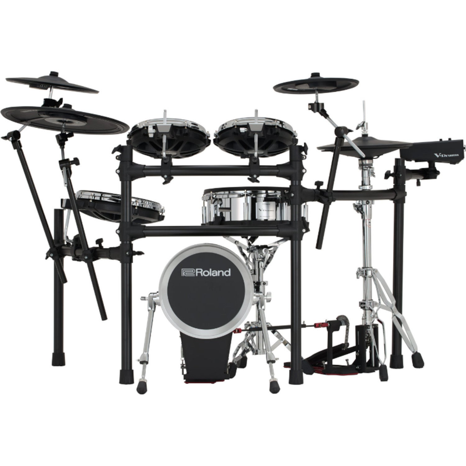 Een zwart Roland V-Drums elektronisch drumstel met cimbalen, tom-toms, snare en bassdrum.