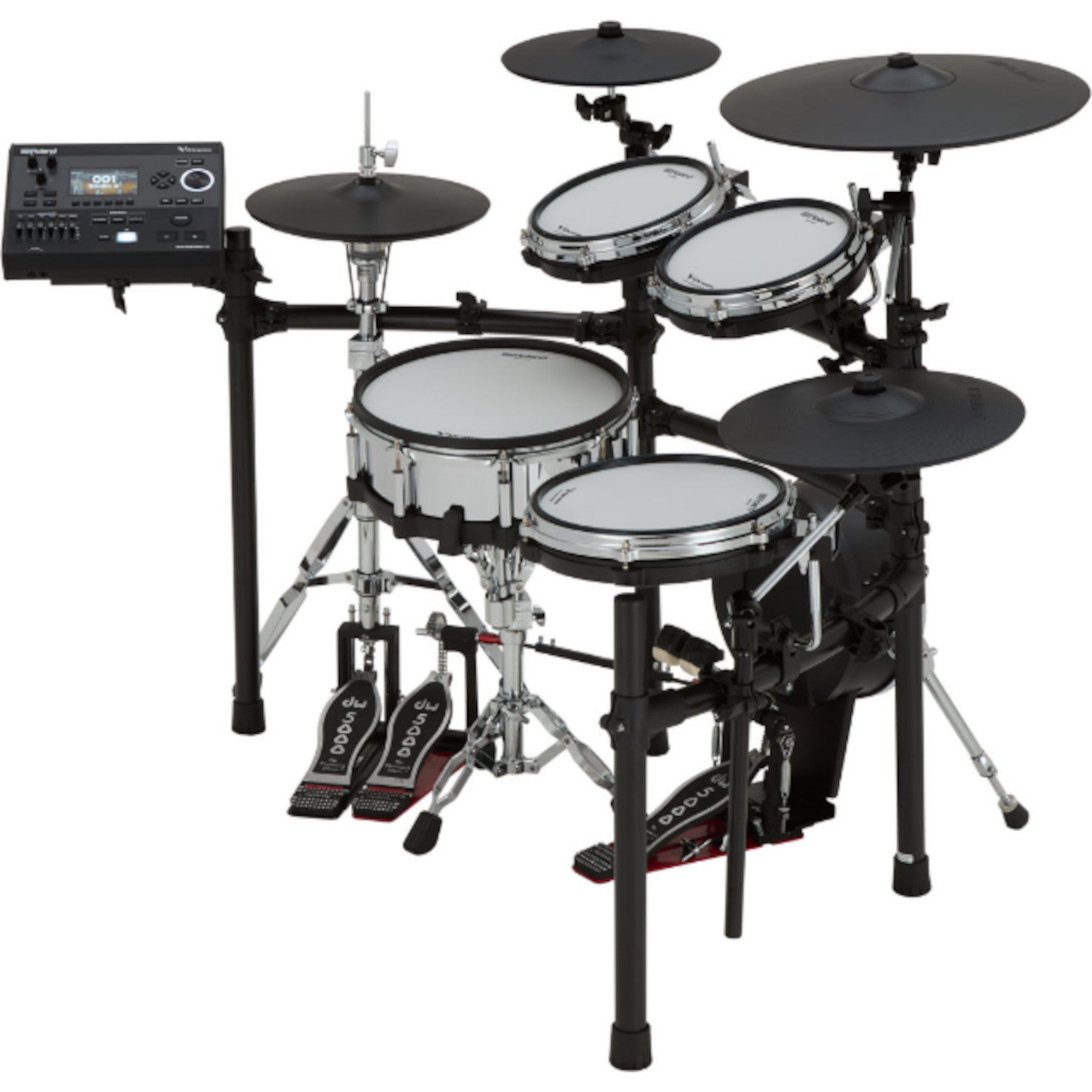Een digitale drumkit met zwarte cimbalen, witte drumvellen en een regelmodule.