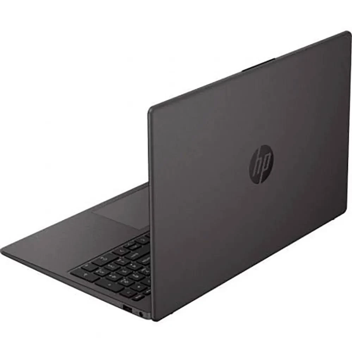 Un portátil HP oscuro con teclado y logo en la tapa, sobre fondo blanco.
