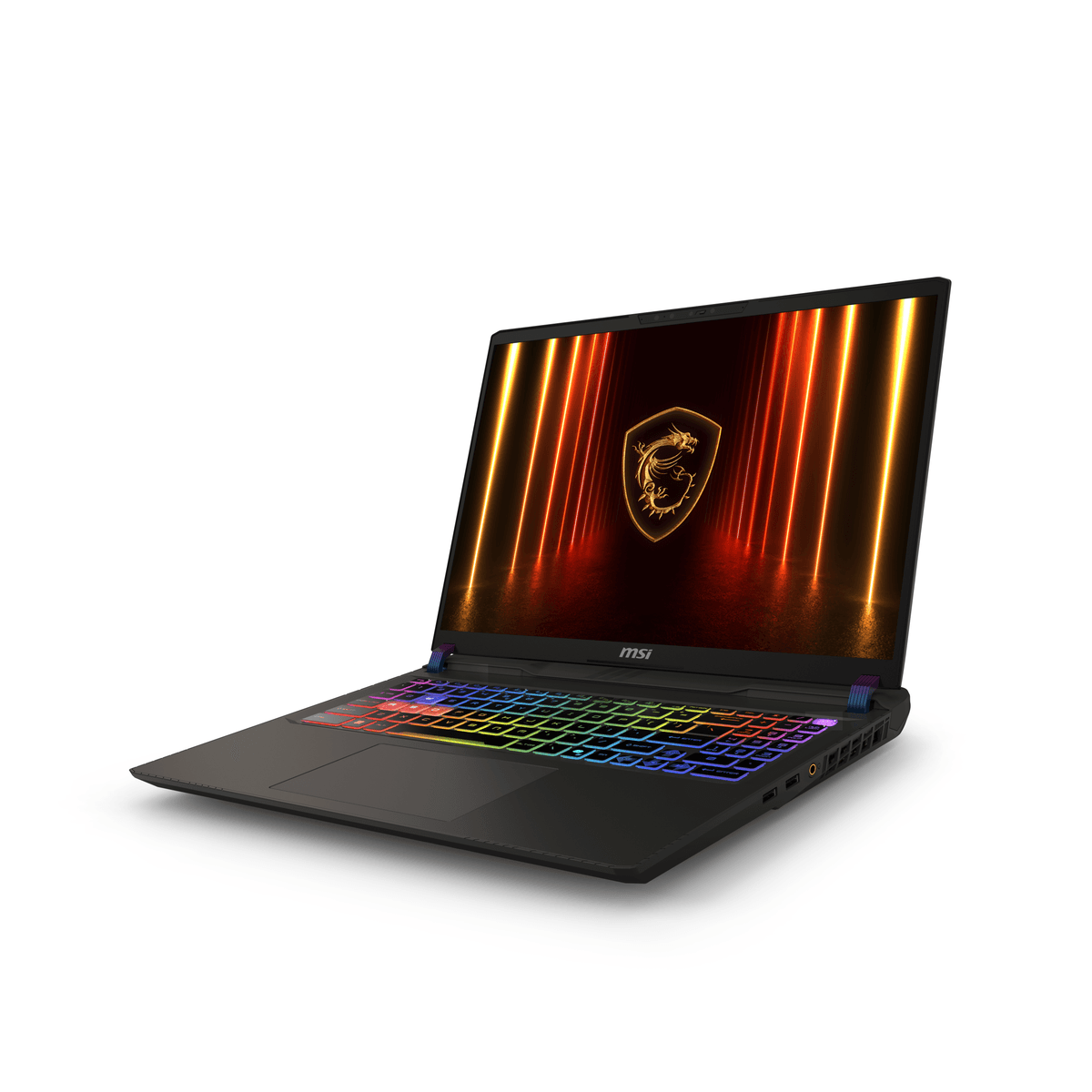 Portátil negro con teclado iluminado de colores y logo MSI en pantalla.