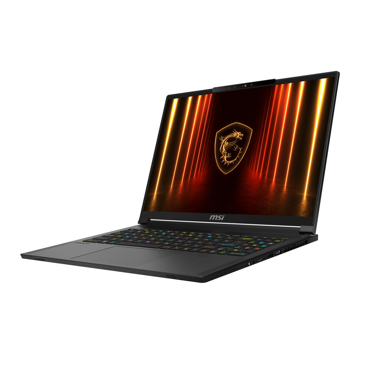 Portátil MSI negro con teclado iluminado y logo de dragón en pantalla.