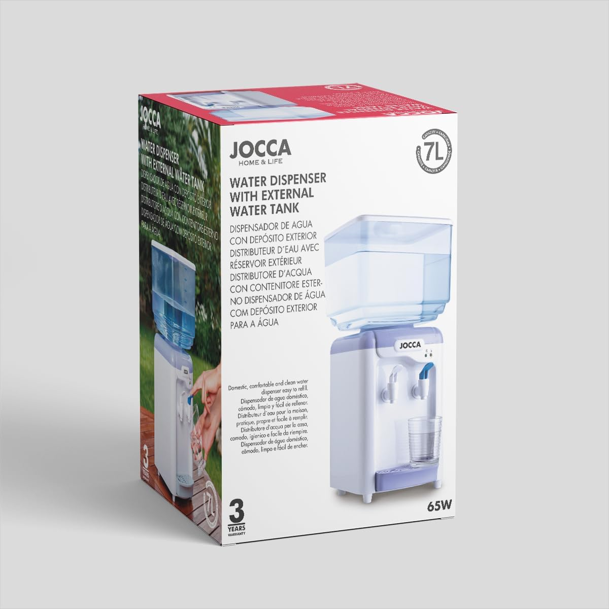 Jocca Wasserspender mit externem Tank, 7L Kapazität, weiß und lila, mit Glas.