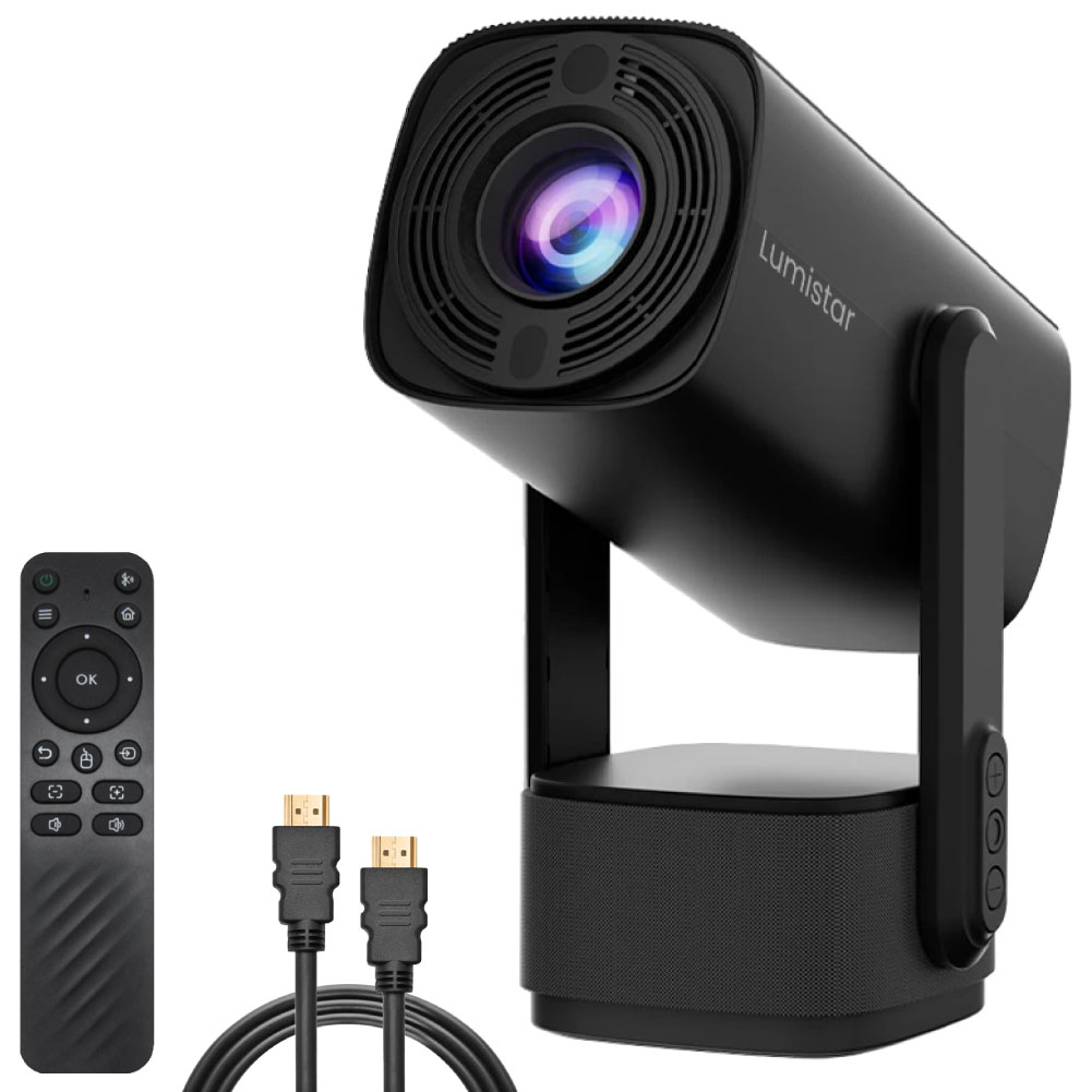 A black projector with a remote control and HDMI cables on a white background.